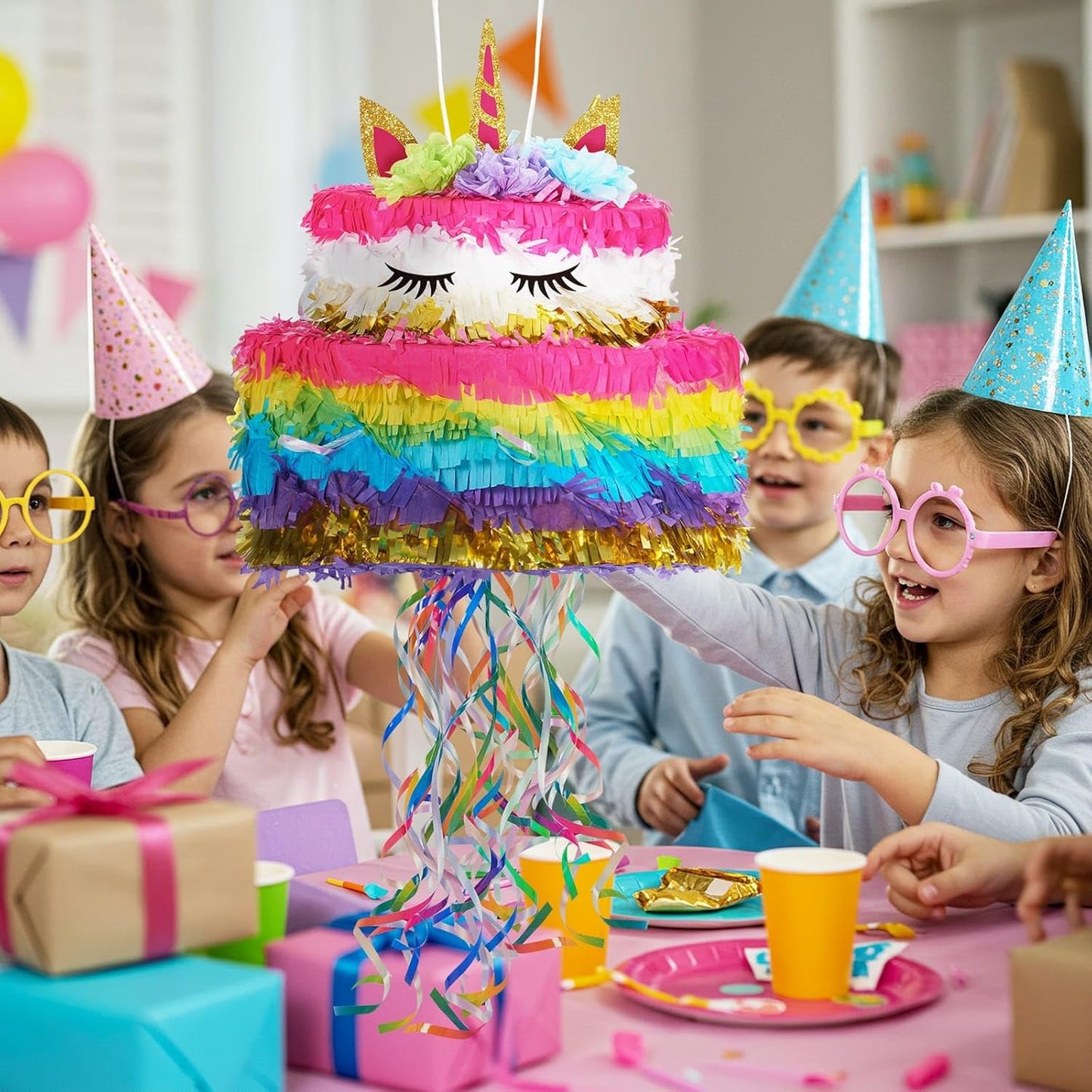 WERNNSAI Unicorn Cake Piñata Foldable - Unicorn Party Decorations Pink Girl Birthday Party Games Princess Pinata with Blindfold Bat and Tassels Happy Birthday Supplies for Kids Girls Classroom Game