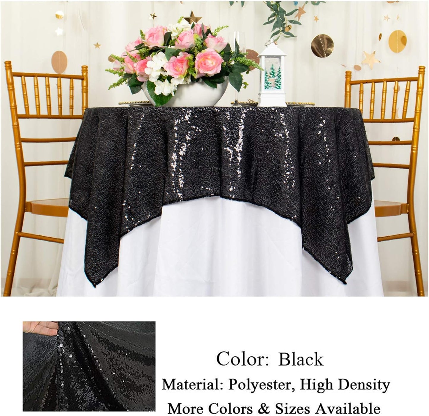 ShinyBeauty Sequin Tablecloth Square Black 54''x54'' - Glitter Table Overlay for Dinning, Party, Event Decoration - Birthday Table Cloth