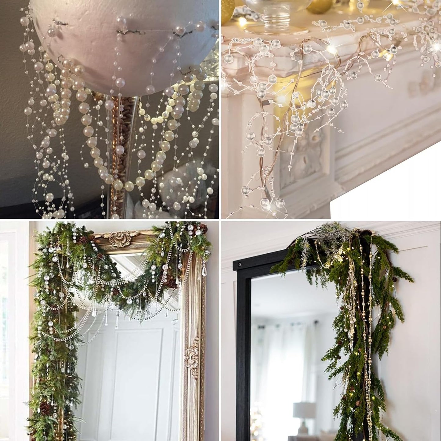 98FT Pearl Beads String Garland, 8mm 3mm Iridescent Faux Pearl Beads Roll Strand Bulk for Wedding Party Flower Christmas Decoration DIY Craft