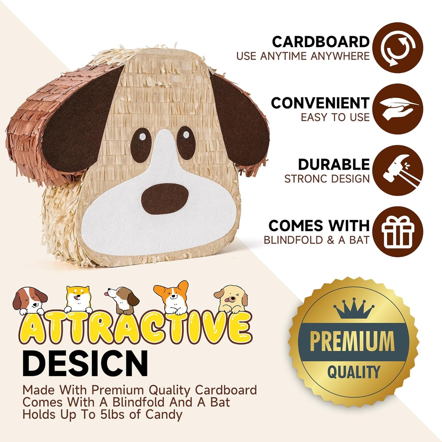 Dog Pinatas Bundle with a Blindfold and a Bat(16.5 x 12.6 x 4 Inches), Perfect for kid's Birthday Parties Decoration, Animal Theme Party, Puppy Pinata