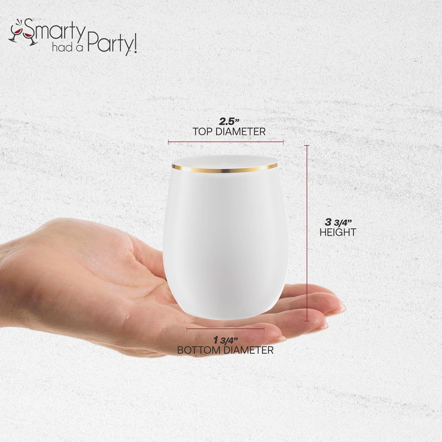 Smarty Had A Party 64 White with Gold Elegant Stemless Plastic Wine Glasses, 12 oz Disposable Drinkware, Plastic Wine Glasses for Parties