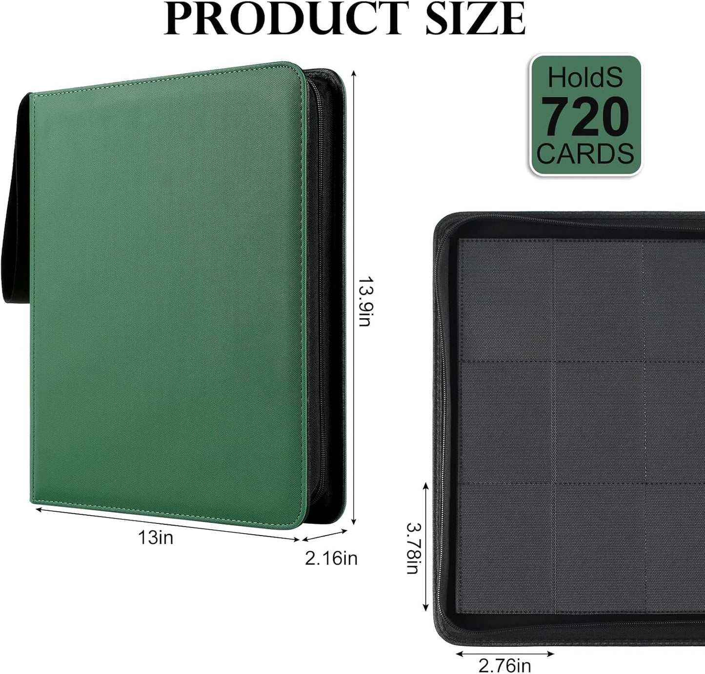 GEAoffice Trading Card Binder 12 Pocket for 720 Cards, Ringless Side Loading Card Collection Binder Album Folder for MTG, TCG, Game&Sports, PU Cover, Non-PVC, Green