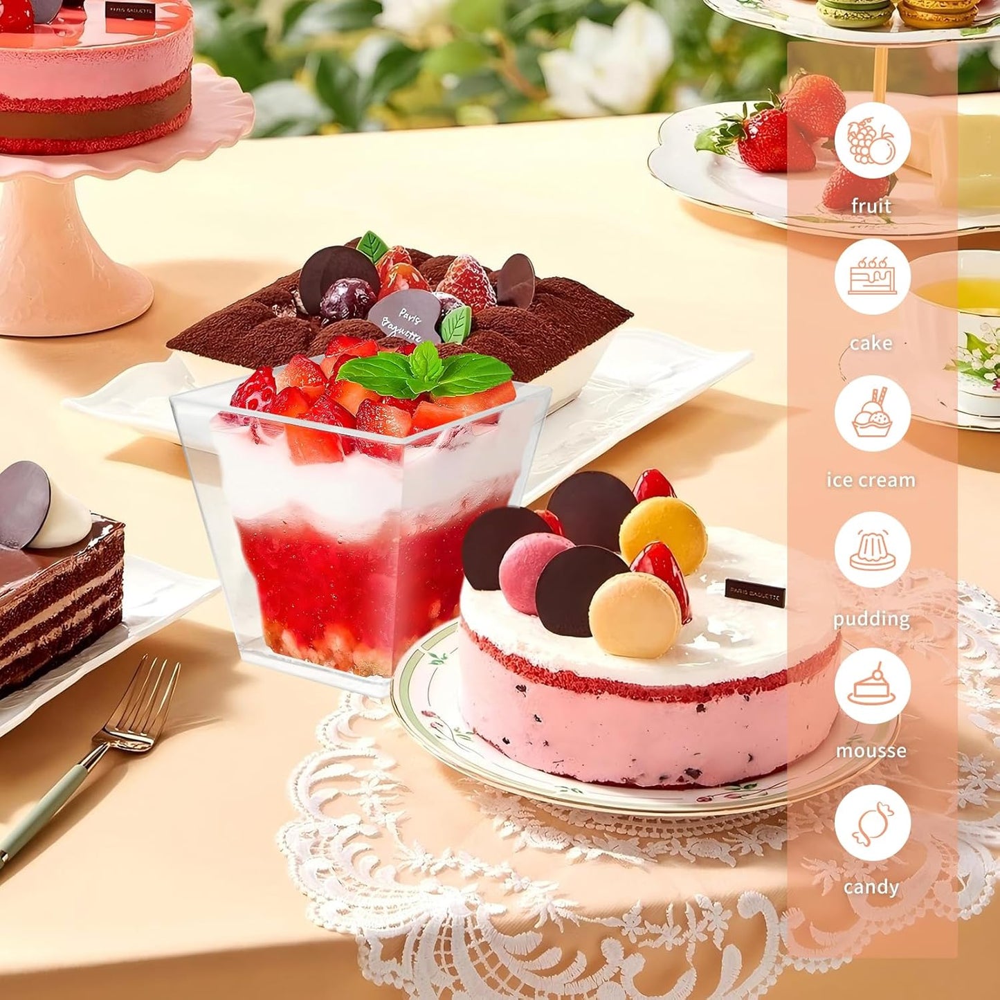 50 Pack 7 oz Clear Plastic Square Dessert Bowls with Spoons，Mini Disposable Parfait Cups for Yogurt, Ice Cream and Tasting，Serving Cups for Appetizer，Pudding，Party (7 oz)