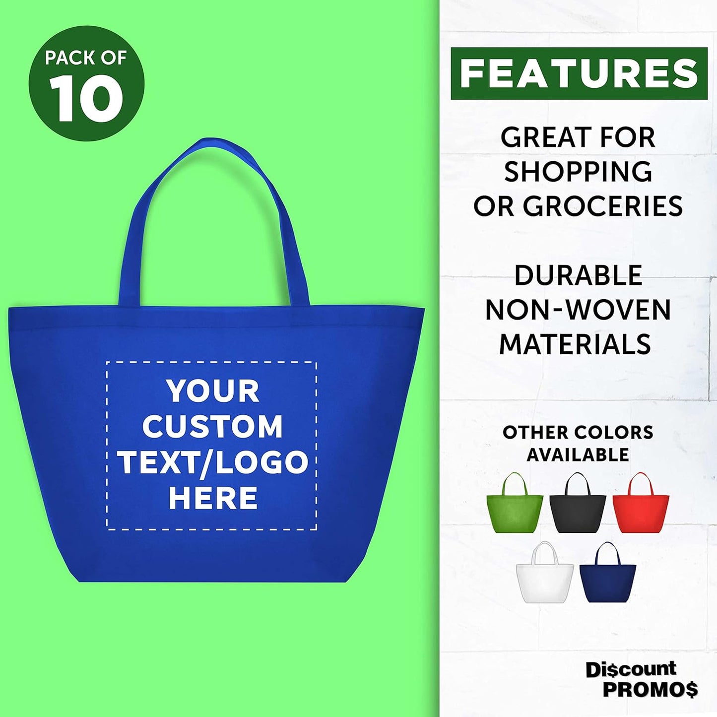 DISCOUNT PROMOS Custom Southern Style Grocery Tote Bags Set of 10 - Personalized Bulk Pack, Reusable Grocery & Shopping Bags - Great for Travel, Carry on Bag, Business Promotions - Blue - 20"X13"X8"