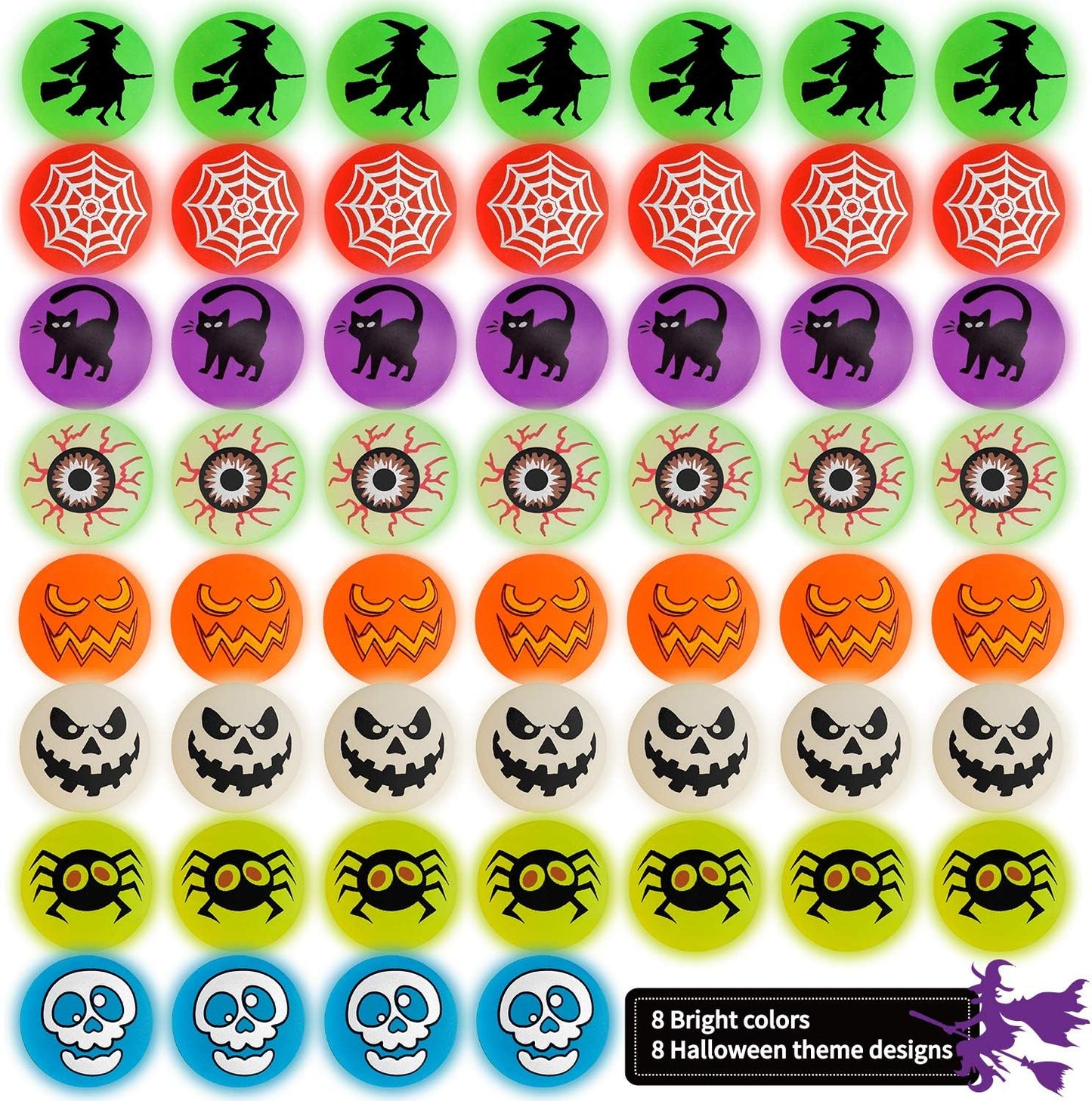 72 Glow in The Dark Bouncing Balls,8 Halloween Theme Designs for Halloween Party Favor Supplies, School Classroom Game Rewards, Trick or Treating Goodie, Halloween Miniatures/Prizes(with pouch bag)