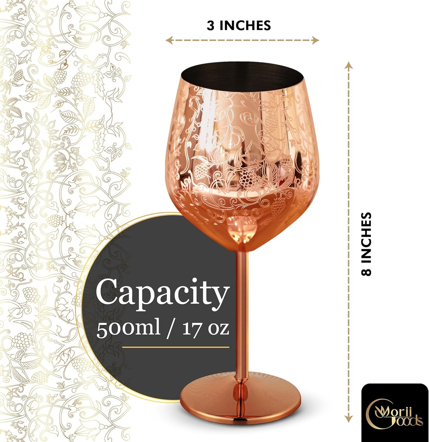 Stainless Steel Wine Glasses – Set of 2 Etched 16 oz Metal Goblets, Unbreakable Rose Gold Cups for Camping, Travel, Outdoor Events, Picnics, Luxury Wine Gifts for Women and Men
