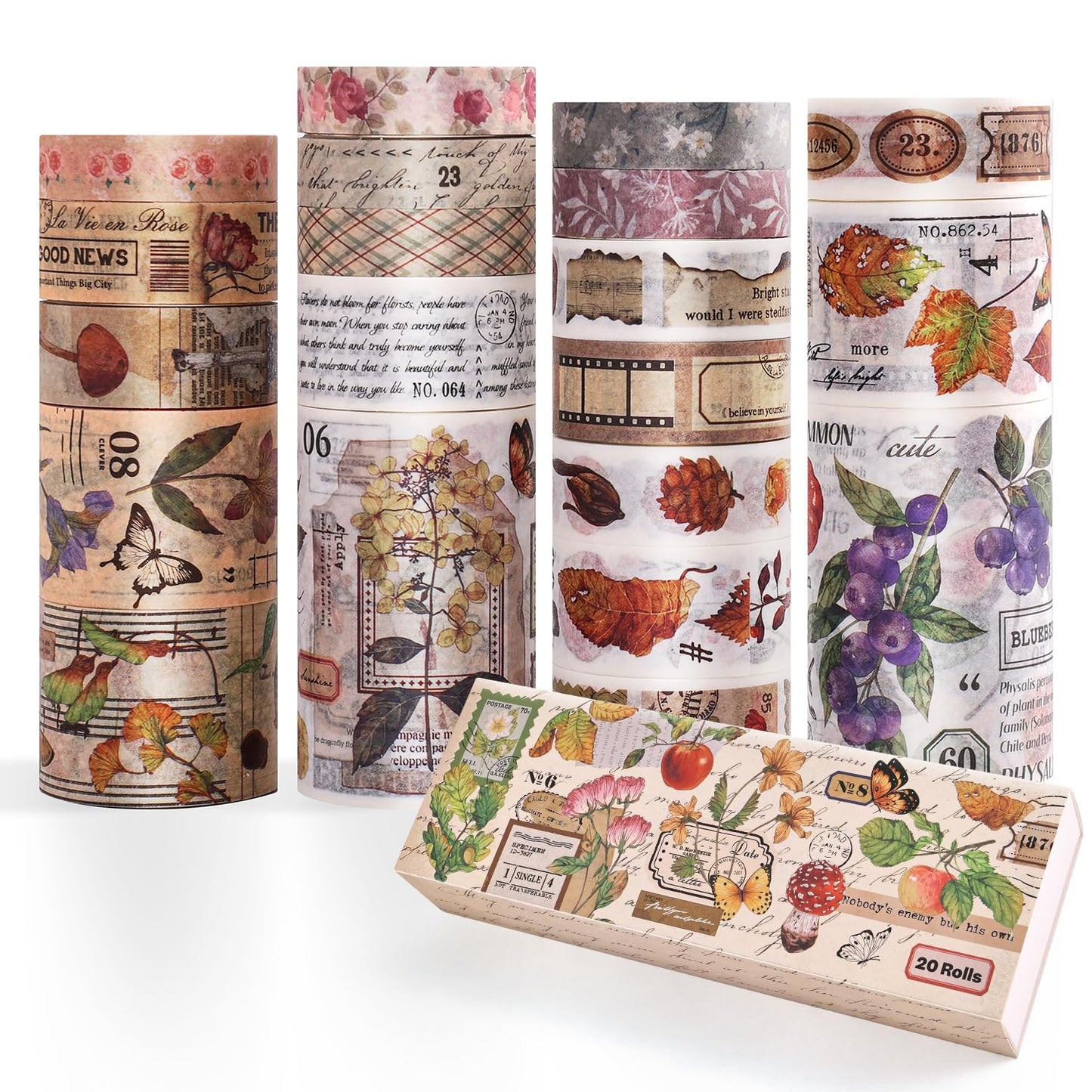 20 Rolls Vintage Washi Tape Set, Floral Letter Butterfly Mushroom Botanical Flower Writable Decorative Tapes for Scrapbooking , Junk Journal Supplies, Bullet Journaling 10-60mm Wide 6.56ft long/Roll