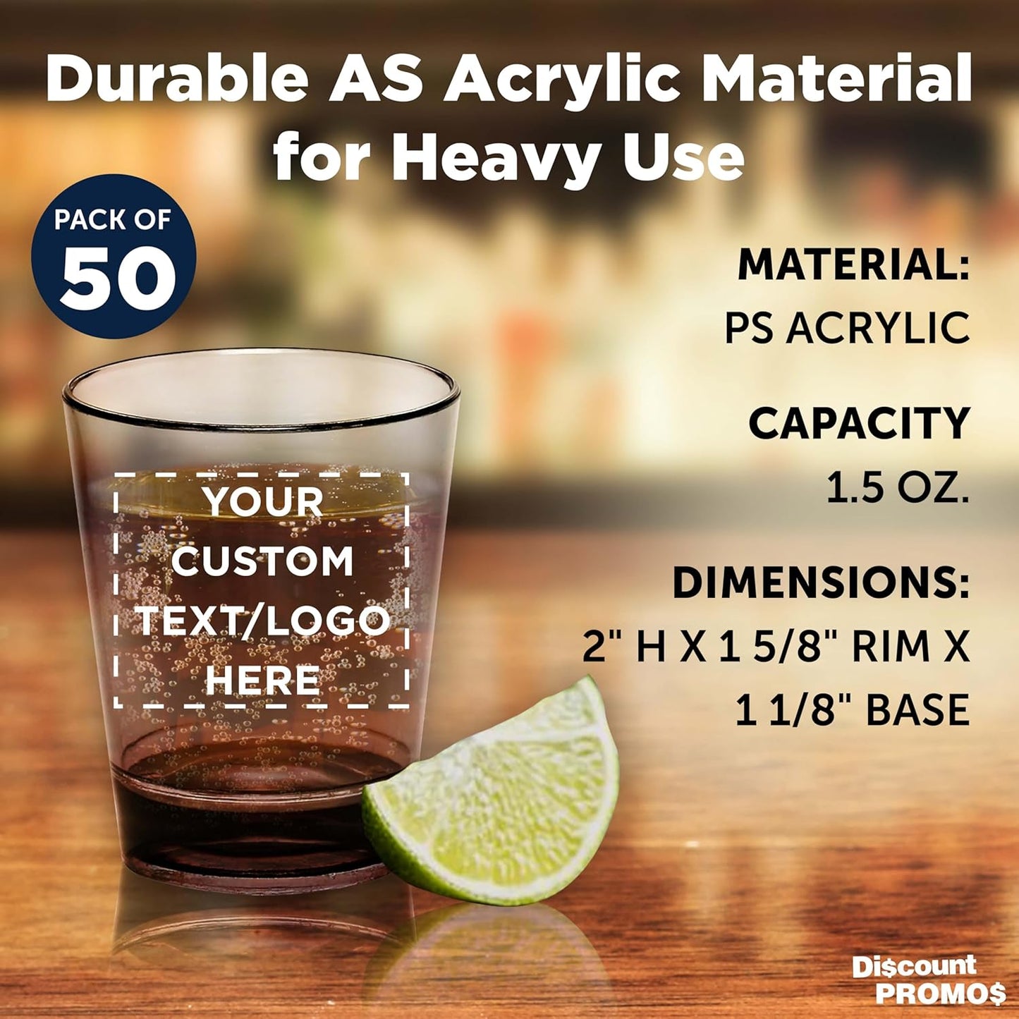 Custom Translucent Plastic Shot Glasses 1.5 oz. Set of 50, Personalized Bulk Pack - Acrylic, Great for Wedding, Party, Birthday, Gifts - Charcoal Black