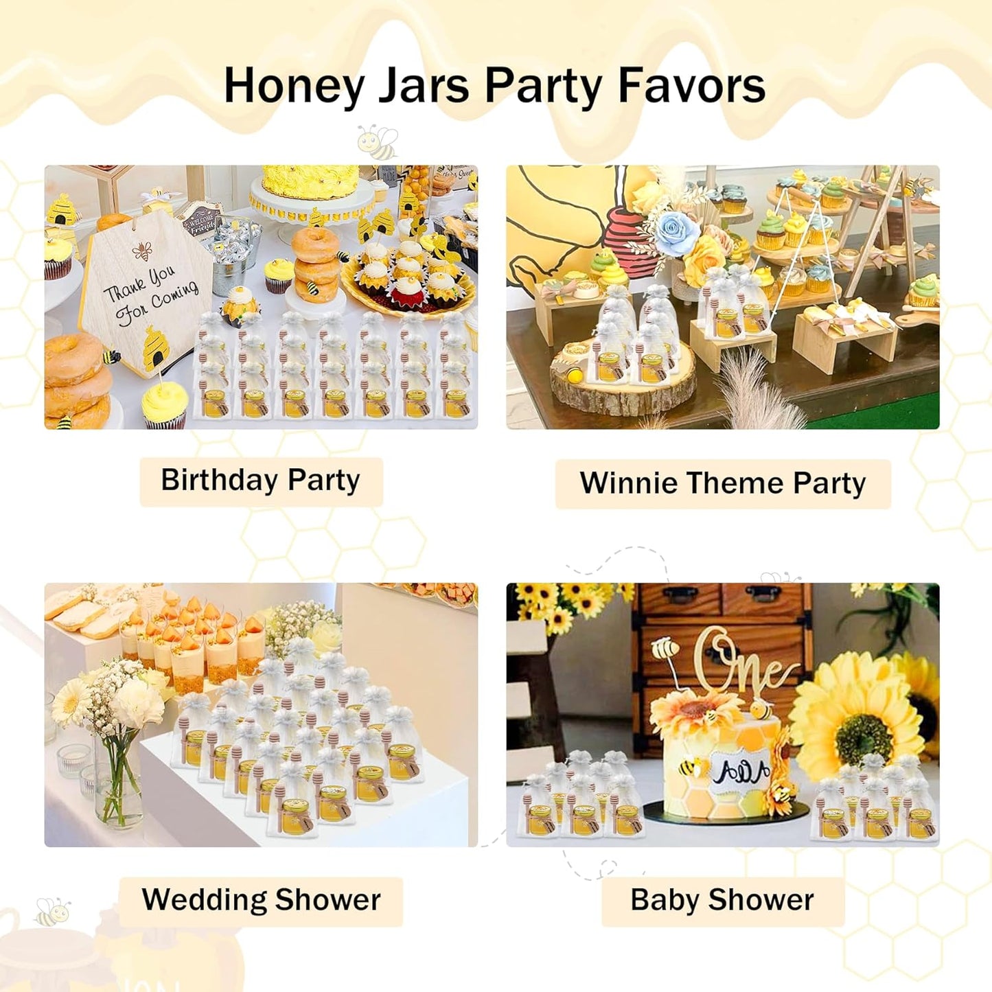 Aliggbent 126 Pack Mini Honey Jars for Party Favors in Bulk, 1.5 oz Small Round Glass Honey Jars with Dippers, Lids, Cute Stickers, Bee Charms, Bags and Jute for Baby Showers, Weddings & Birthdays