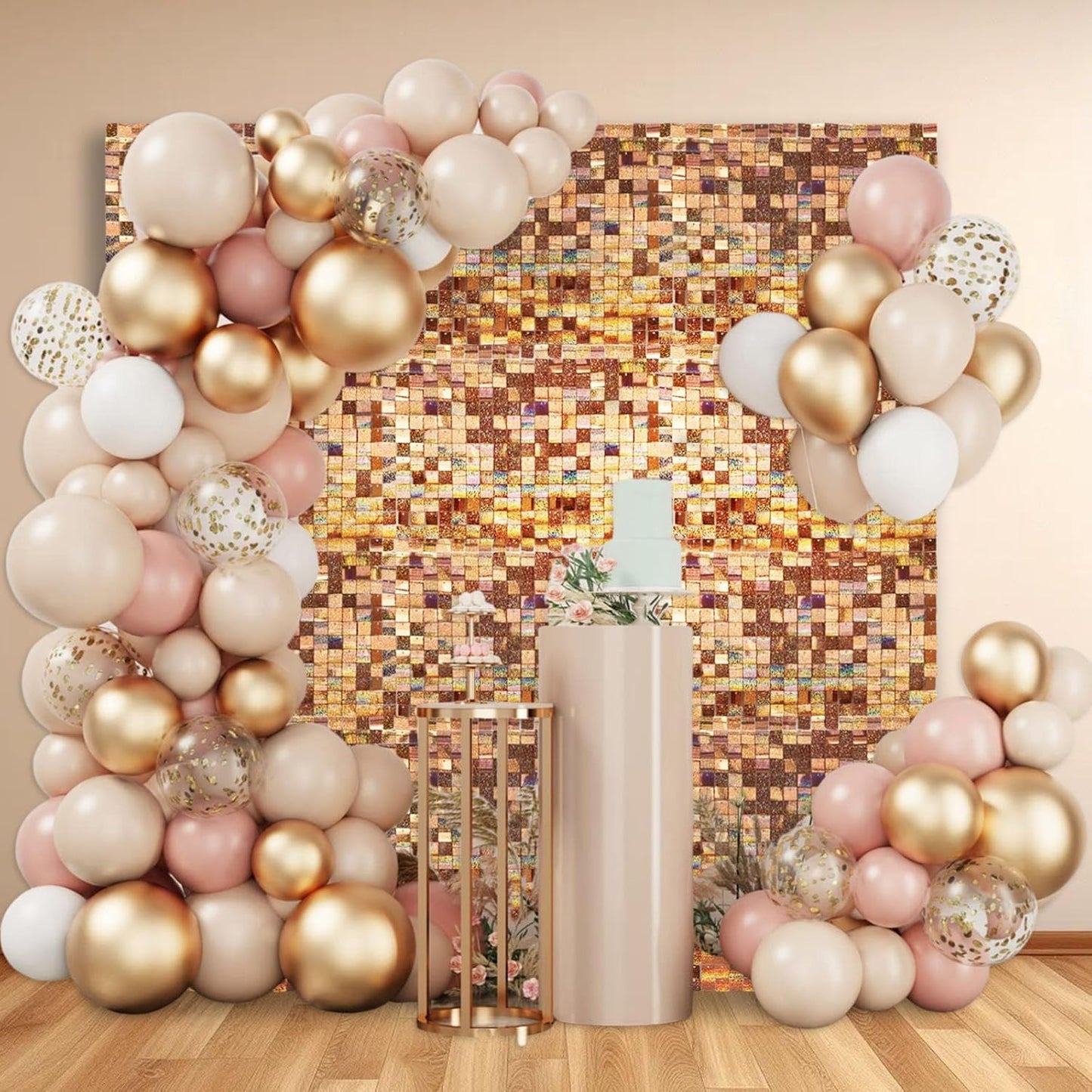 24PCS Champagne Shimmer Wall Backdrop, Laser Square Sequin Photo Backdrops Panel, Glitter Wall Background for Birthdays, Weddings, Christmas, Engagements, Disco Bachelorette Party Decoration (4FTx6FT)