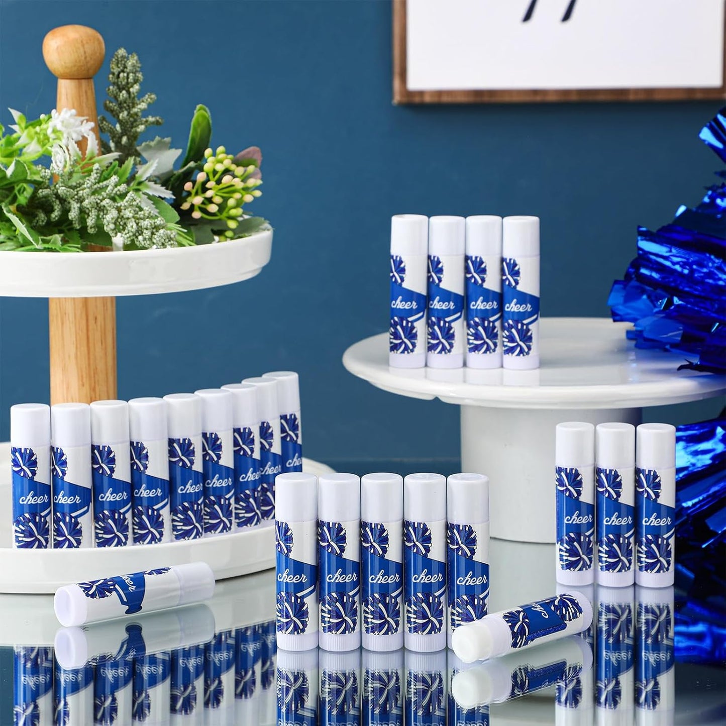 24 Pcs Cheer Lip Balm Cheer Teams Camp Gifts Pom Pom Leaders Party Favors Gear Lip Balm Mom Gift for Competitive Party Guest Supplies(Blue and White)