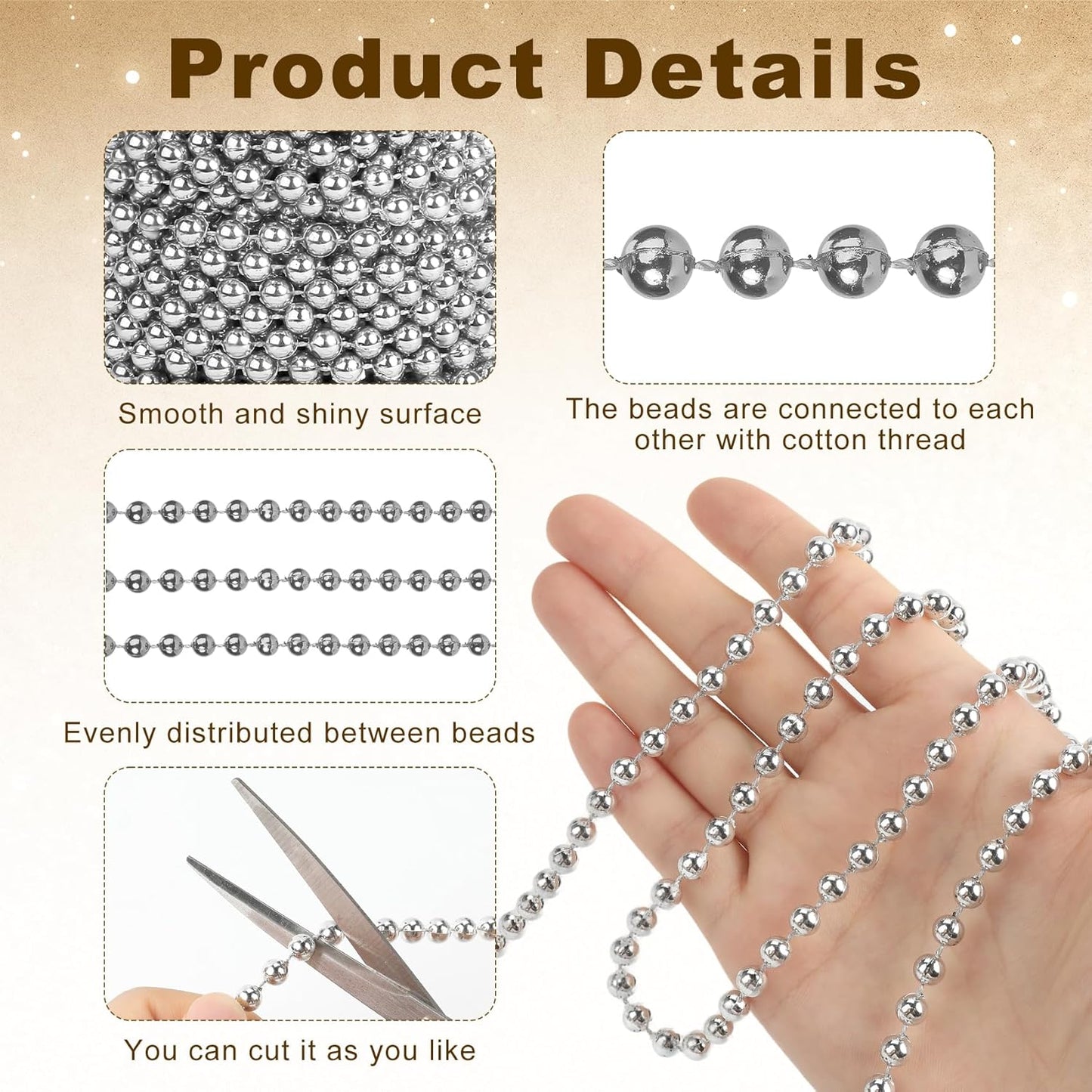 Pearl Beads Garland, 6 MM Silver Faux String of Pearls, Pearl Garland for Christmas Tree 82FT Pearl Beads Strand Spool Bead Roll for Crafts Floral Centerpieces Wedding Party Christmas Tree Decorations