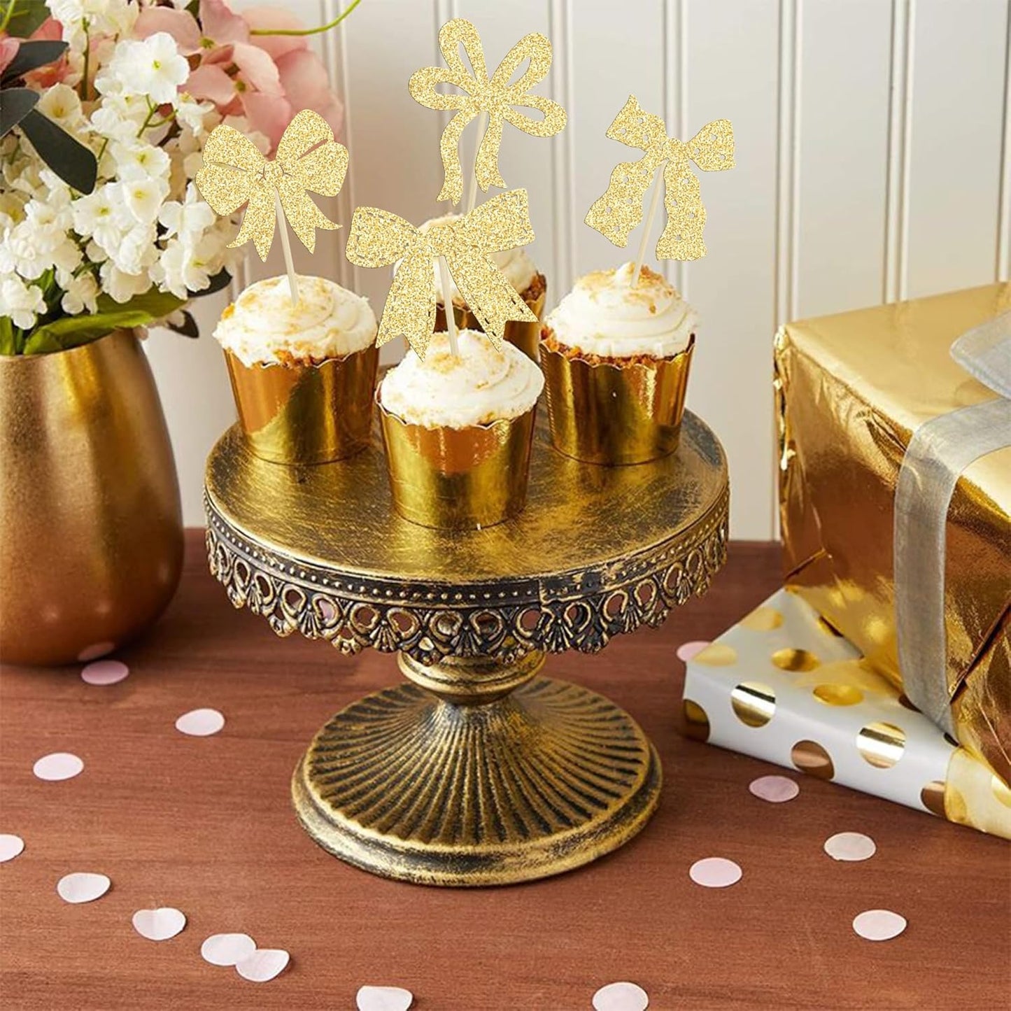 Ephlyn 24Pcs Bow Cupcake Toppers Bow Birthday Cake Topper Girls Birthday Party Decorations Bowknot Cupcake Decorations for Bridal Baby Shower Birthday Wedding Themed Party Gold