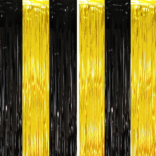 2 Pack Black and Gold Tinsel Foil Fringe Curtains, Black and Gold Party Decorations, Metallic Tinsel Party Streamers Backdrop for 2025 New Years Graduation Prom Party Decorations
