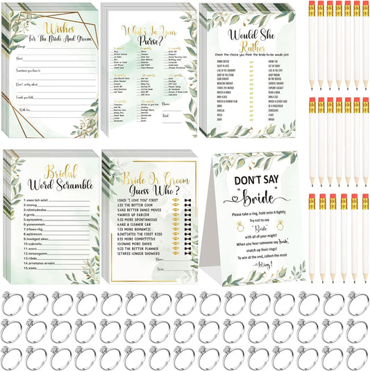 Estune 331 Pcs Bridal Shower Games Supplies, 5 Sets 250 Pcs Wedding Cards 1 Put a Ring on It Bridal Shower Games with 60 Rings and 20 Pencils(Green Leaves)