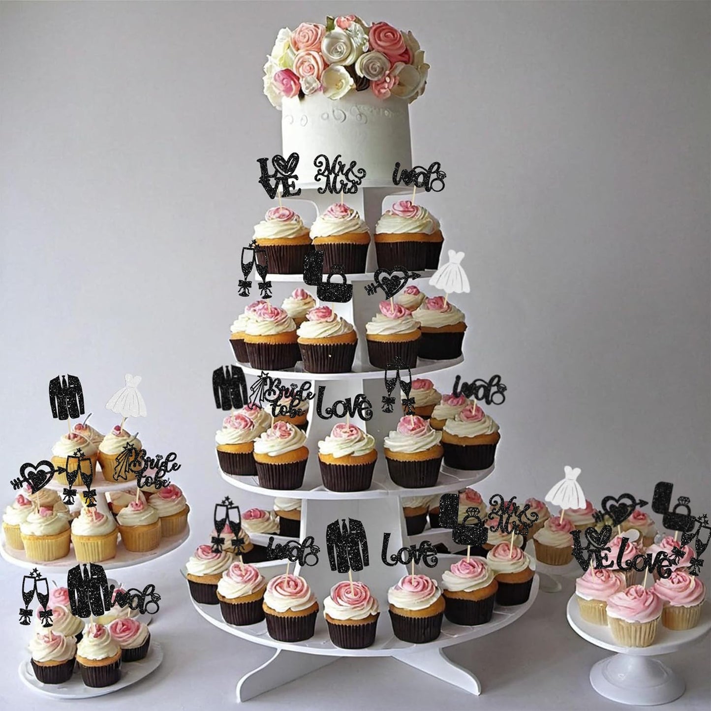 Ephlyn 30Pcs Bride to be Cupcake Toppers Glitter Wedding Cake Topper Decorations I Do Love Heart Ring Cupcake Picks for Bridal Shower Wedding Engagement Party Supplies Black