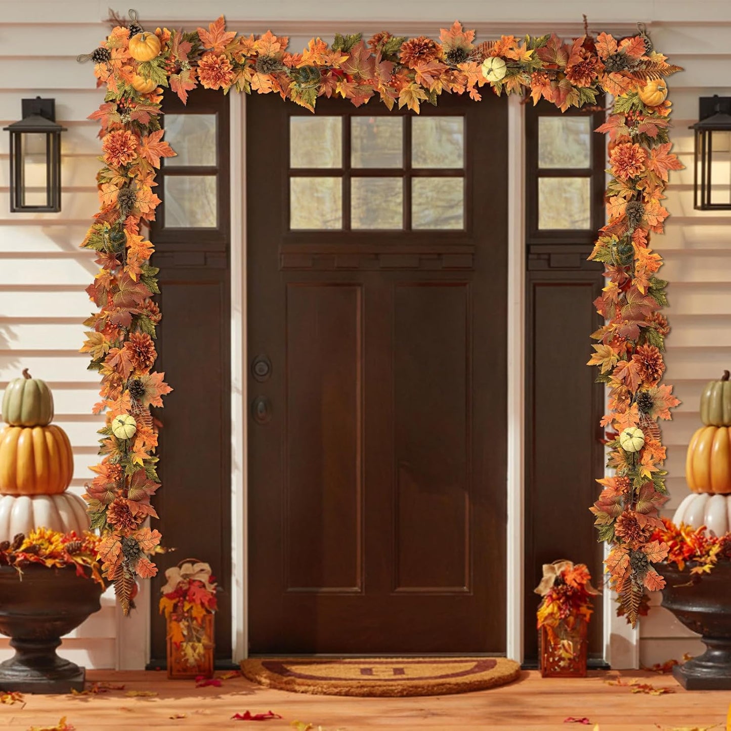 Artificial Fall Maple Leaves Garland Hanging Vine 6Ft Fake Pumpkin Pine Berries Autumn Decoration Garland Decor for Fireplace Home Doorway Party Indoor Outdoor