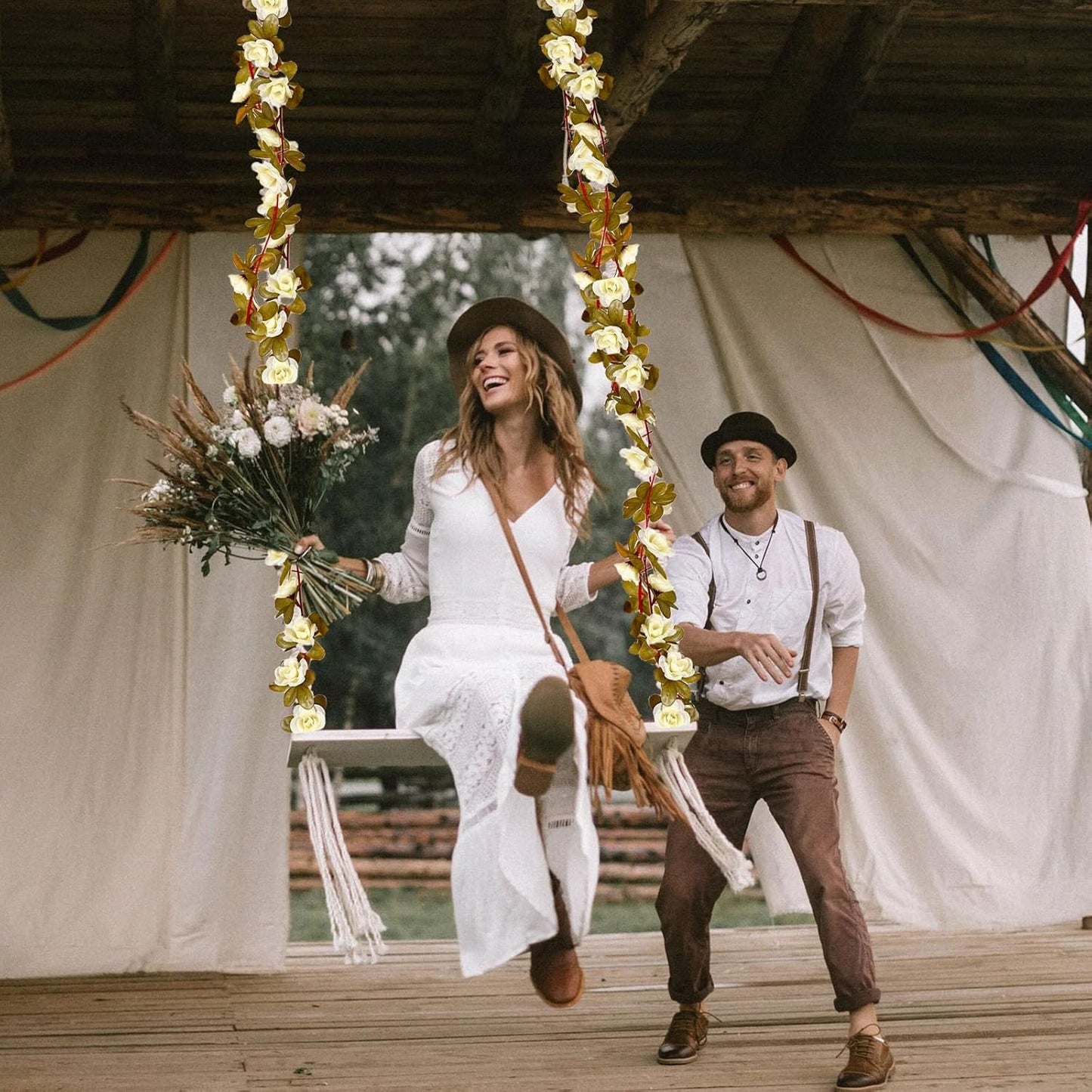 8Pcs 63Ft Cream Rose Garland, Fake Rose Hanging Flowers, Artificial Flower Vine, Hanging Floral Vine Garland for Wedding, Birthday Party, Wall Arch, Halloween, Christmas Garden Backdrop Decor