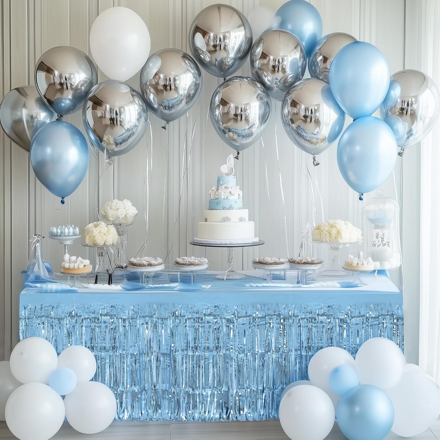 2 Pack Light Pink Light Blue Table Skirts, 29x108" Metallic Foil Tinsel Fringe Table Skirt for Rectangle Tables Streamer Curtains Backdrop, Party Decorations for Birthdays, Weddings, Holidays