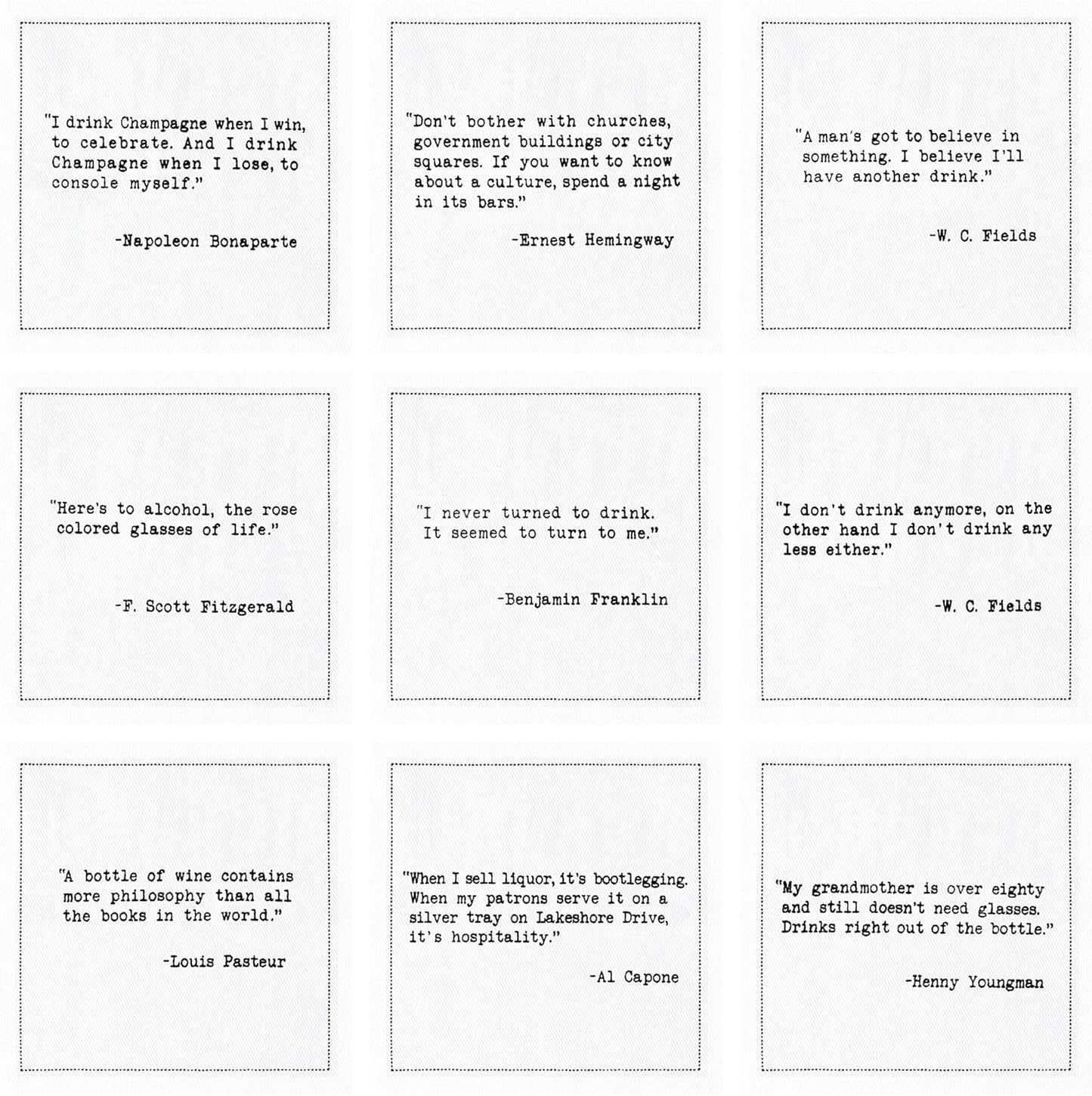 Five Star Napkins Literary Bar Quotes White Cotton Cocktail Napkins, Beverage Napkins, Bar Napkins, Cloth Napkins, Party Napkins, Holidays, Weddings, Birthdays, Disposable, 4.5" x 4.5"- (50x)