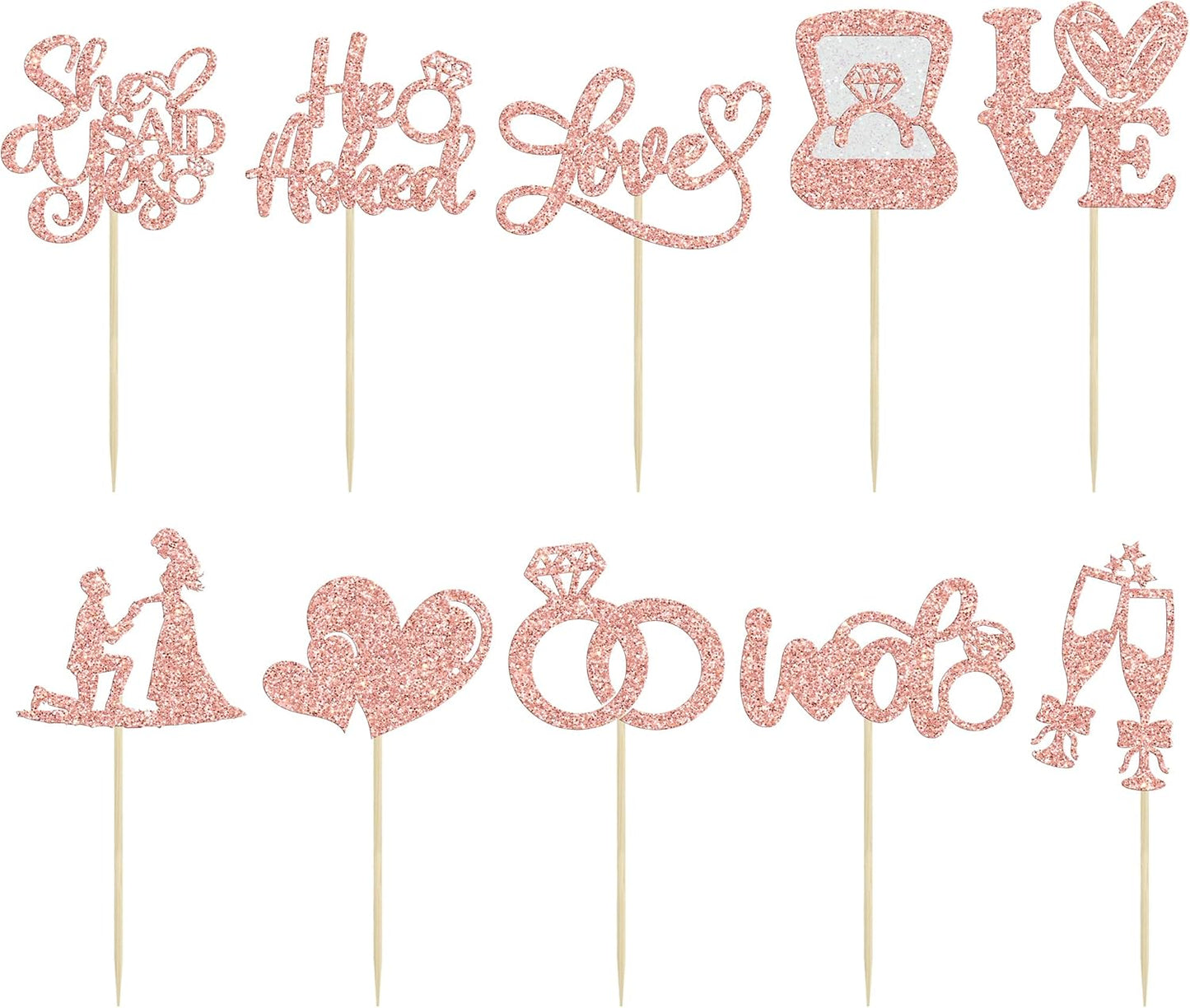 Ephlyn 30Pcs He Asked She Said Yes Cupcake Toppers Glitter Engagement Cupcake Toppers Diamond Ring Heart Love I Do Cupcake Picks for Engagement Wedding Party Cake Decorations Rose Gold