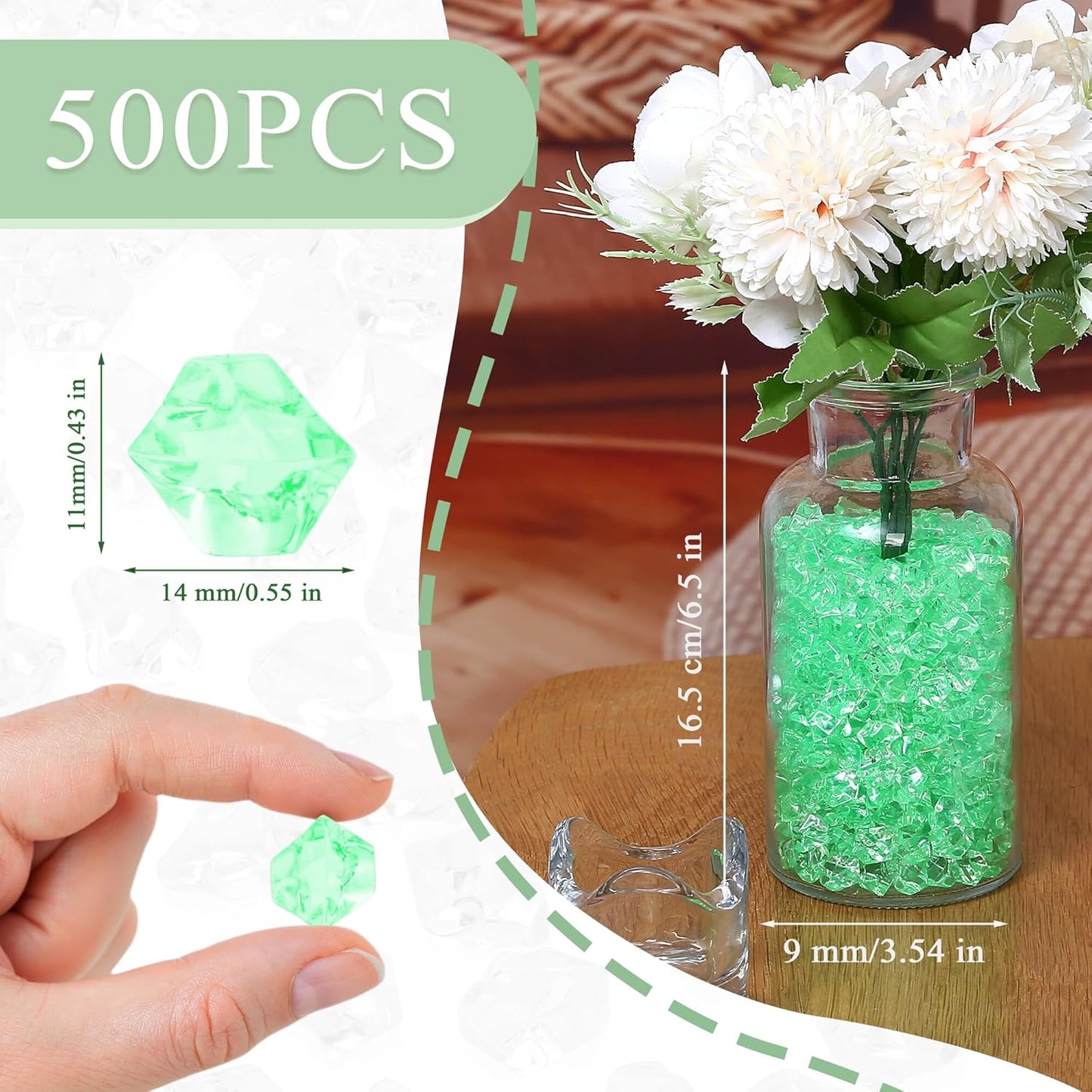 LAIDANLA 500PCS Green Acrylic Gems Vase Fillers for Centerpiece Green Fake Ice Cubes Plastic Diamonds Fake Crushed Rocks DIY Party Table Scatter Prop Wedding Decoration Accessories