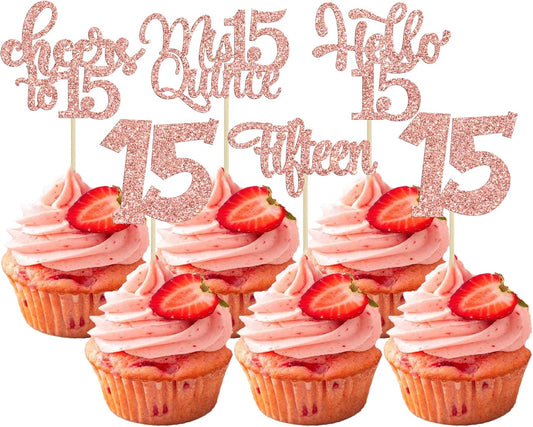 30Pcs 15th Birthday Cupcake Toppers Fifteen Cupcake Picks Cheers to 15 Years Old Mis Quince 15 Cake Decorations for 15th Birthday Anniversary Party Rose Gold Glitter