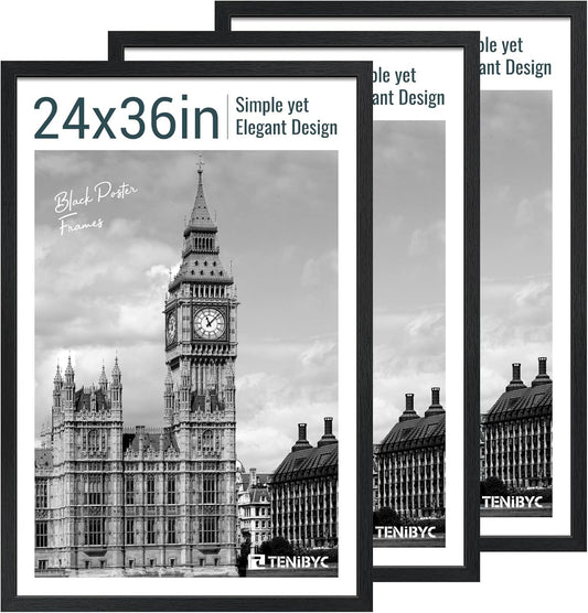 24x36 Poster Frame 3 Pack - Black Woodgrain, Solid Wood Picture Frame, Wall Gallery Frame - Wall Hanging