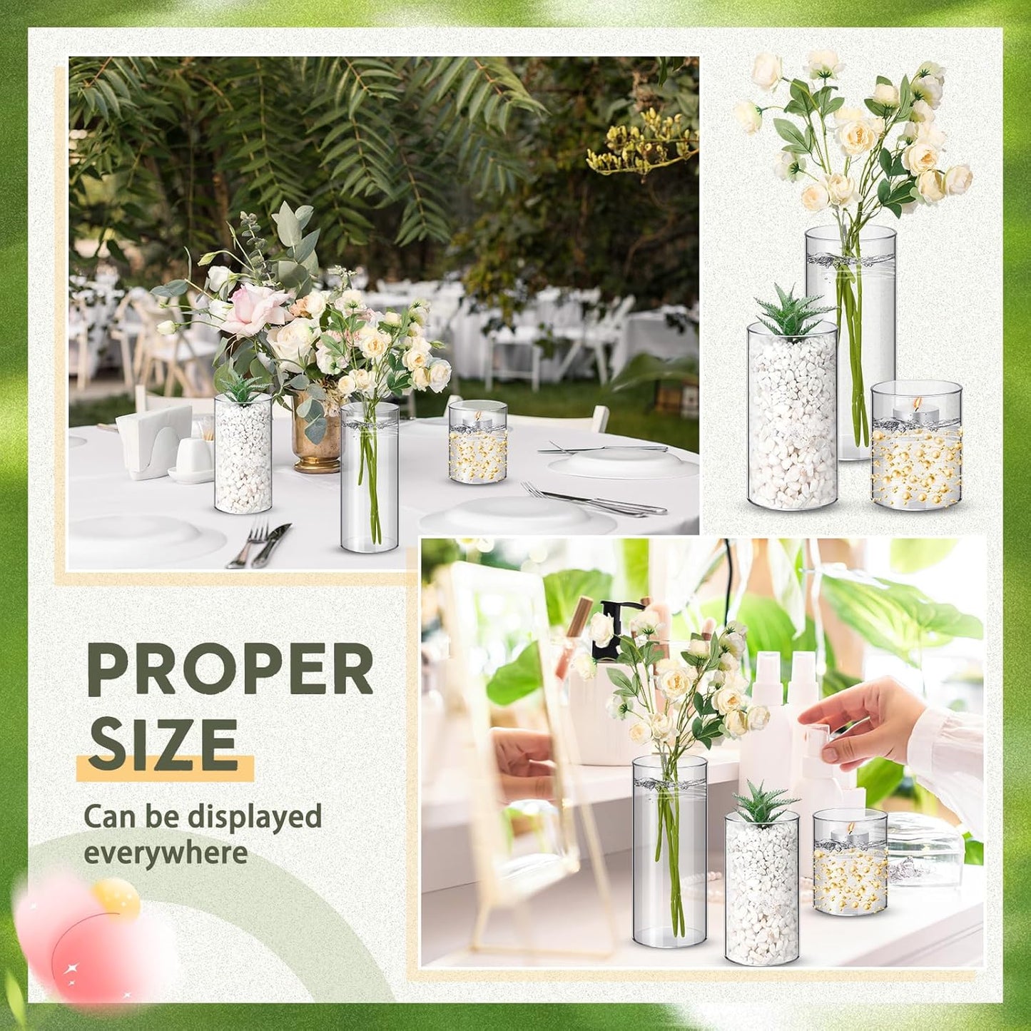 Nuogo 36 Pcs Plastic Cylinder Vases Tall Clear Flower Vases for Centerpieces Hurricane Candle Holder for Home Wedding Office Party Formal Dinners Decorations (4''/6''/8'')