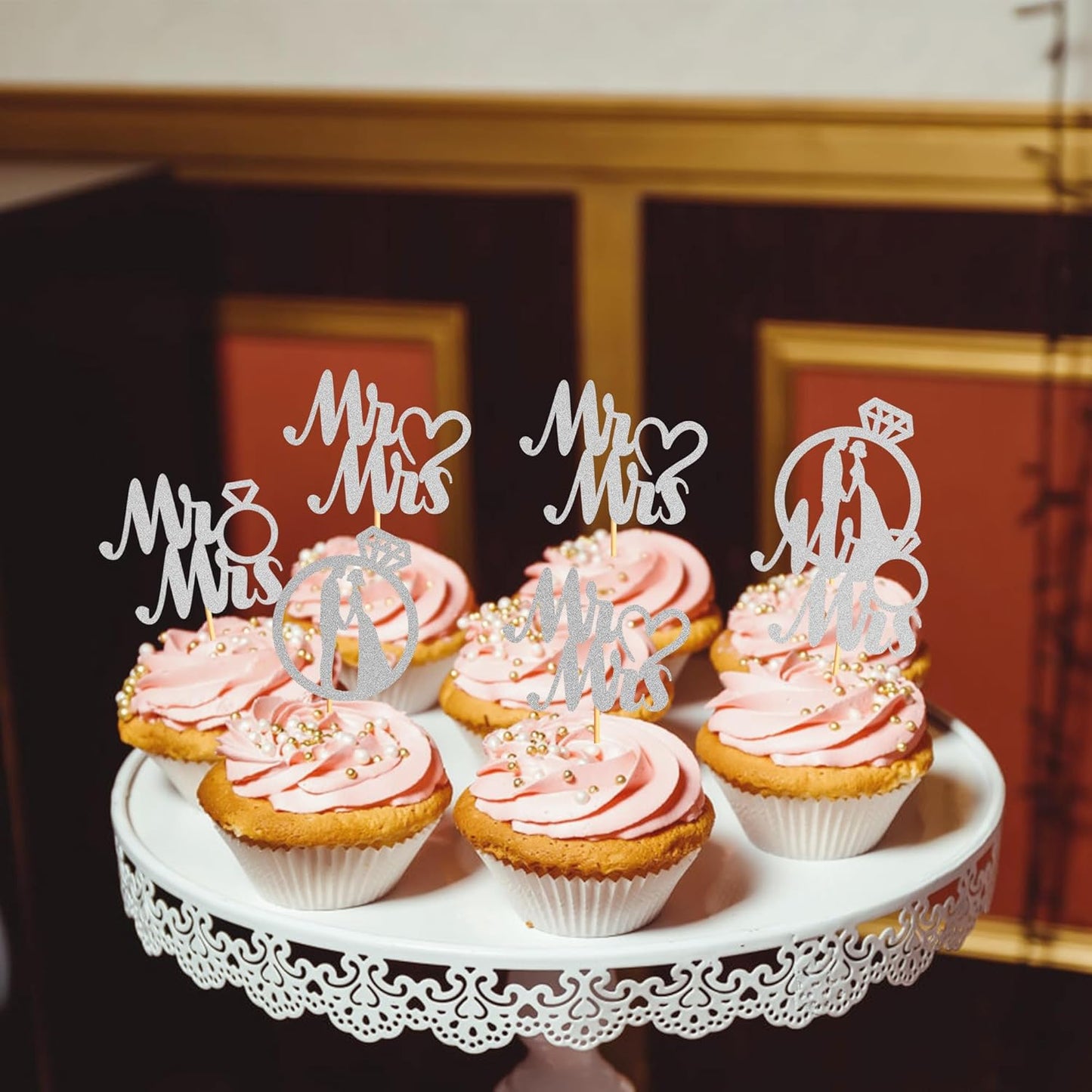 Sotpot 24PCS Miss to Mrs Cupcake Toppers with Ring Silver Glitter for Wedding Bridal Shower Wedding Engagement Party Cake Decorations
