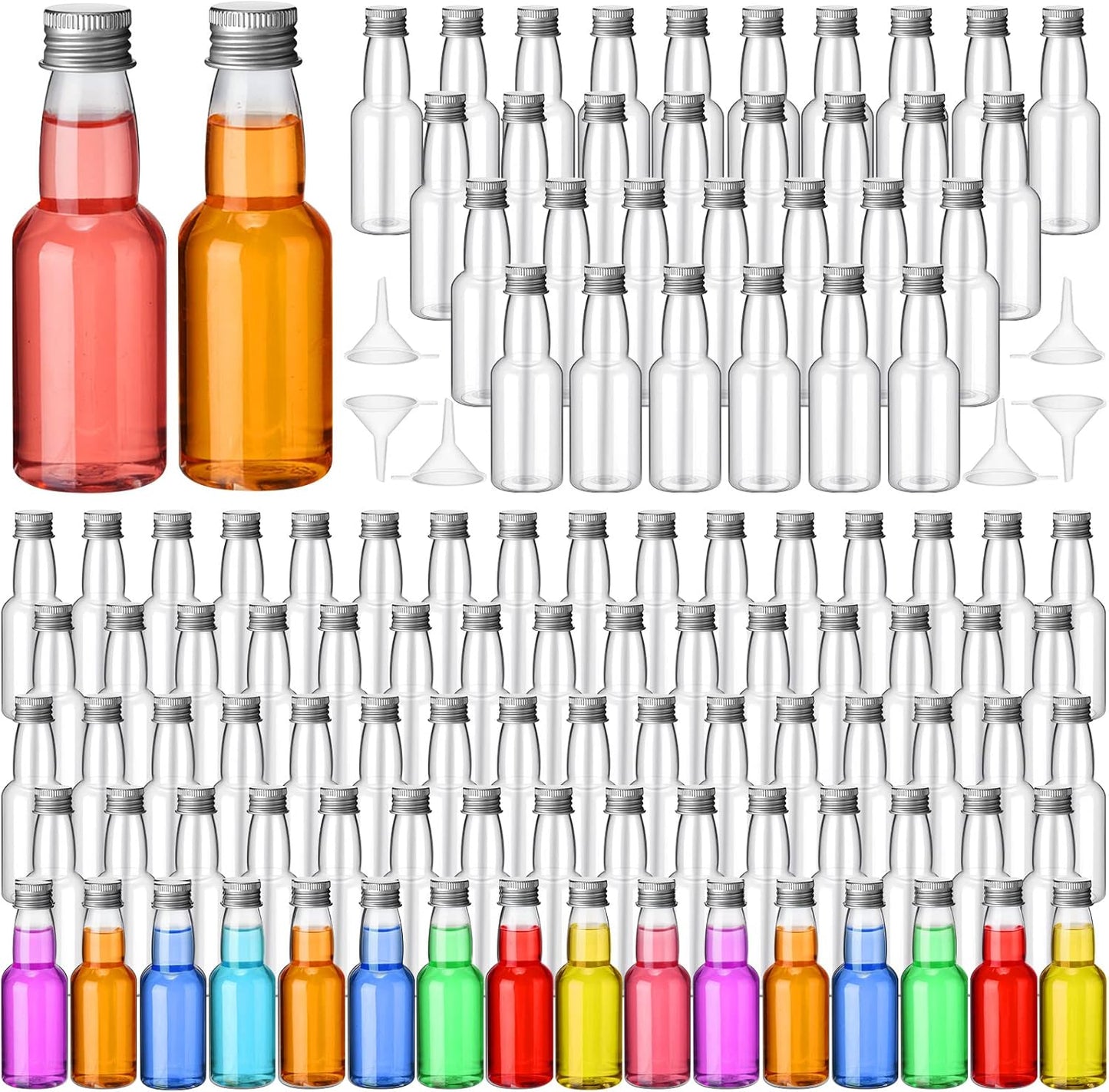 120 Pcs Mini Liquor Bottles Airtight Shot Miniature Empty Plastic Alcohol Spirit Shot Bottles with Funnels for Party Favors, Weddings(2 oz,Silver)