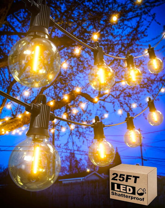 Outdoor String Lights, 25FT Patio Lights with 13 Shatterproof G40 Globe Bulb(1 Spare), Waterproof Connectable Dimmable LED Hanging String Lights for Outside Backyard Porch Balcony, 2700K