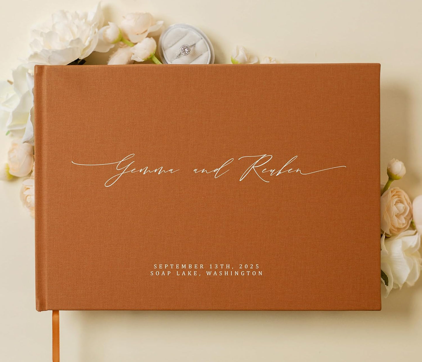 MUUJEE Personalized Guestbook in Terracotta - Premium Custom Modern Guest Book for Wedding Reception, Birthday Party or Events w/Bookmark Blank Pages for Signing 11.5 x 8.5 inches