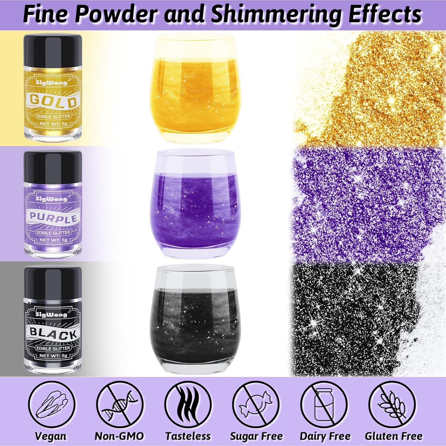 Edible Glitter Set, 3 Colors Luster Dust Edible Glitter, Food Grade Metallic Food Decorating Sprinkle Dust for Drinks Wine, Powder Glitter for Fondant, Chocolate, Candy, Cookie, 5g/0.18oz, Vegan