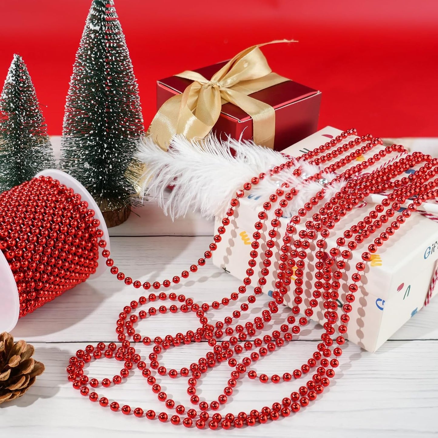 Faux Red Pearl Beads Garland - 6mm Christmas Tree Beads 22 Yards Red Pearl Strands Spool Pearl String Bead Roll for Wedding Party Christmas Tree Decoration