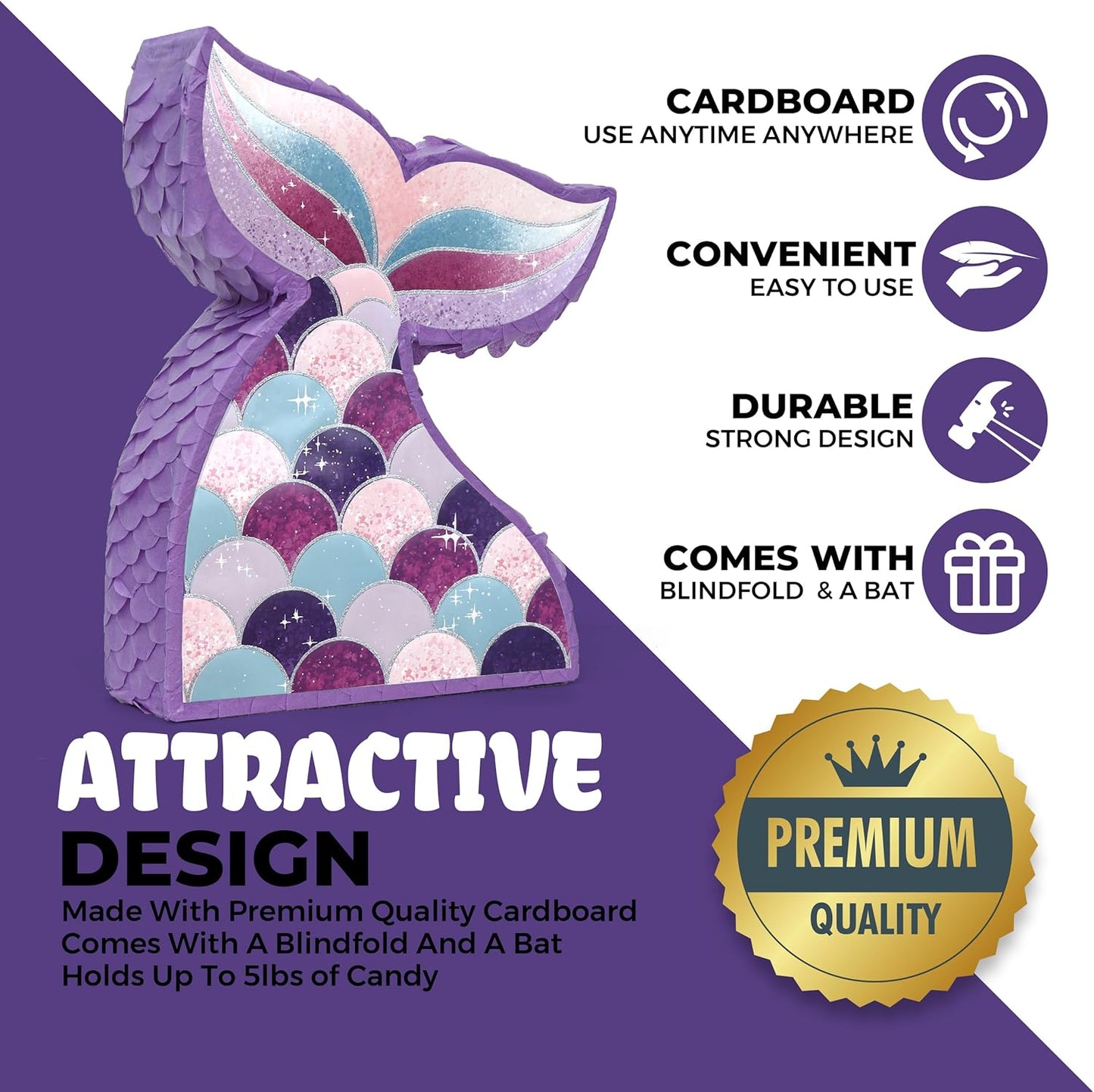 Mermaid Tail Pinatas Bundle with a Blindfold and a Bat (16.5 x 12 x 4 Inches), Perfect for kid's Birthday Parties, Mermaid Theme Parties for Girls, Decorations