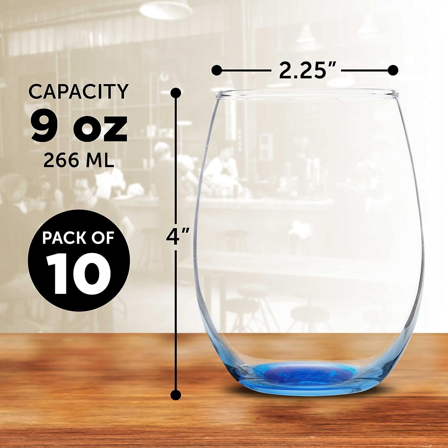DISCOUNT PROMOS Stemless Wine Glass 9 oz. Set of 10, Bulk Pack - Great for Wedding Favors, Bachelorette Party and More - Blue Bottom Color