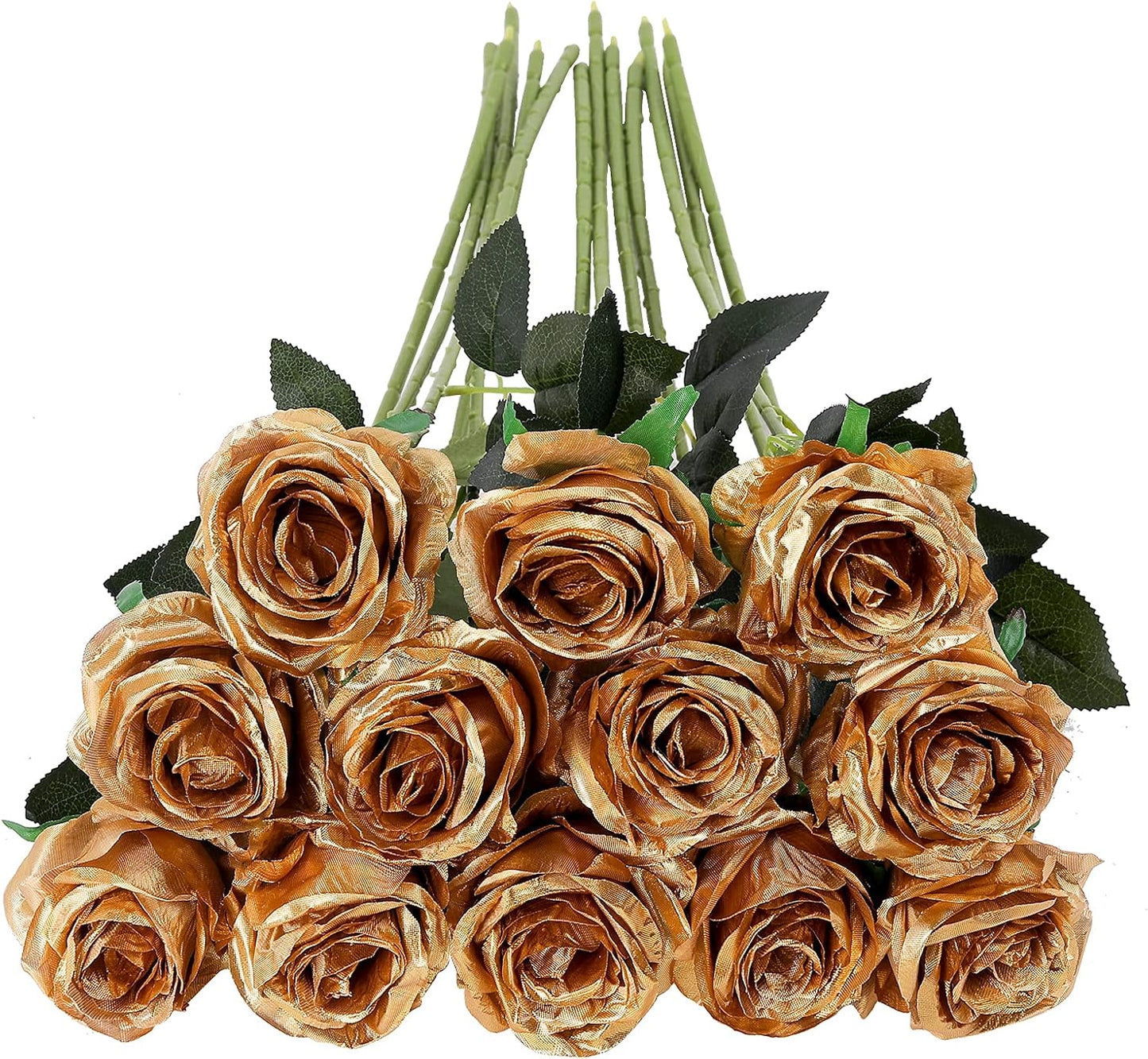 Tifuly Gold Roses Artificial Flowers -12Pcs Realistic Single Long Stem Fake Silk Roses Bouquet for Party Home Wedding Centerpiece Hotel Office Decor