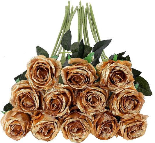 Tifuly Gold Roses Artificial Flowers -12Pcs Realistic Single Long Stem Fake Silk Roses Bouquet for Party Home Wedding Centerpiece Hotel Office Decor