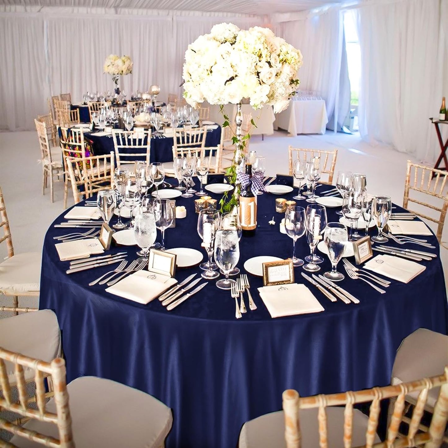 12 Pack 108 Inch Navy Blue Satin Tablecloth - Silky Round Tablecloth Overlay Smooth Fabric Table Cover, Bright Table Decoration for Wedding Party Banquet Events Restaurant Kitchen Dining
