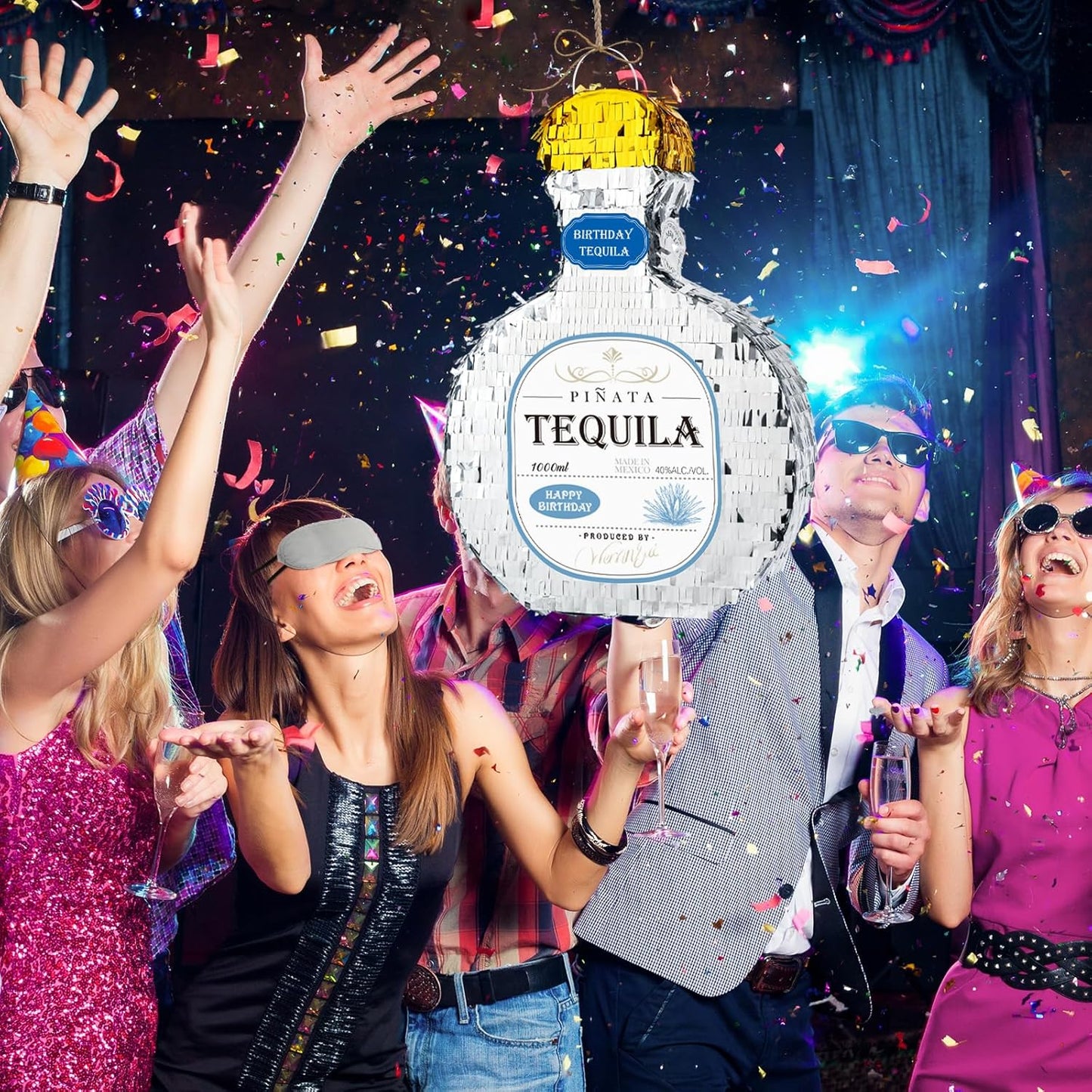 WERNNSAI Tequila Bottle Pinata - Disco Party Decorations for Adults Silver Patron Tequila Pinata with Blindfold for Bachelor Birthday Party Supplies 11.7” x 16.5”
