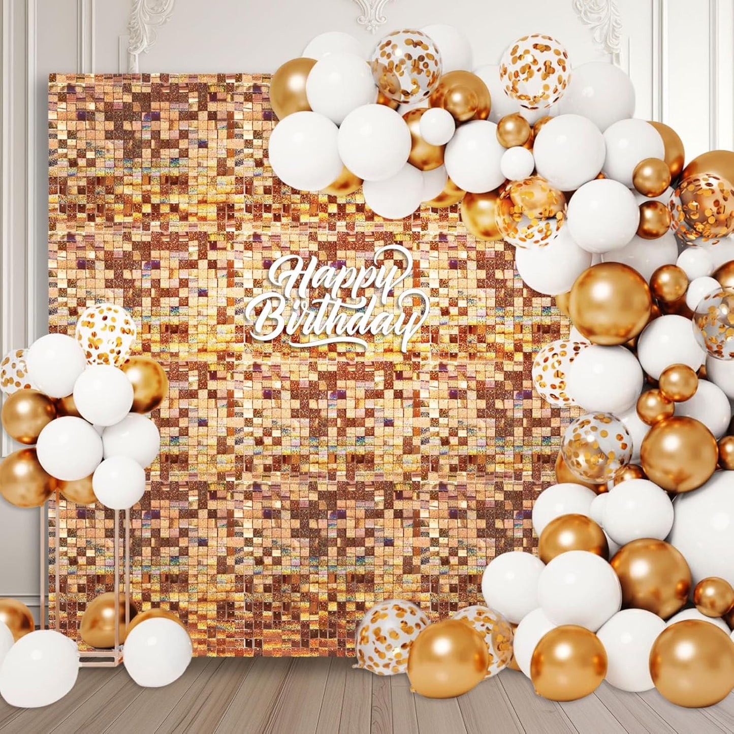 24PCS Champagne Shimmer Wall Backdrop, Laser Square Sequin Photo Backdrops Panel, Glitter Wall Background for Birthdays, Weddings, Christmas, Engagements, Disco Bachelorette Party Decoration (4FTx6FT)