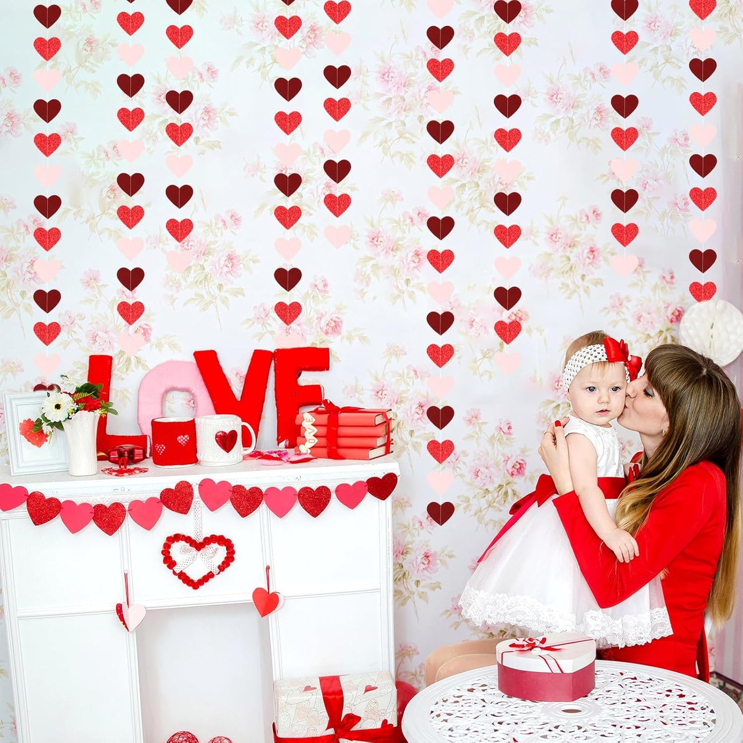 Party Decorations Pink-Red Heart-Garland - 52ft Burgundy Proposal Special Night Galentines Hanging Streamers Banner,Girl Romantic Wedding Anniversary Baby Bridal Shower Engagement Decor