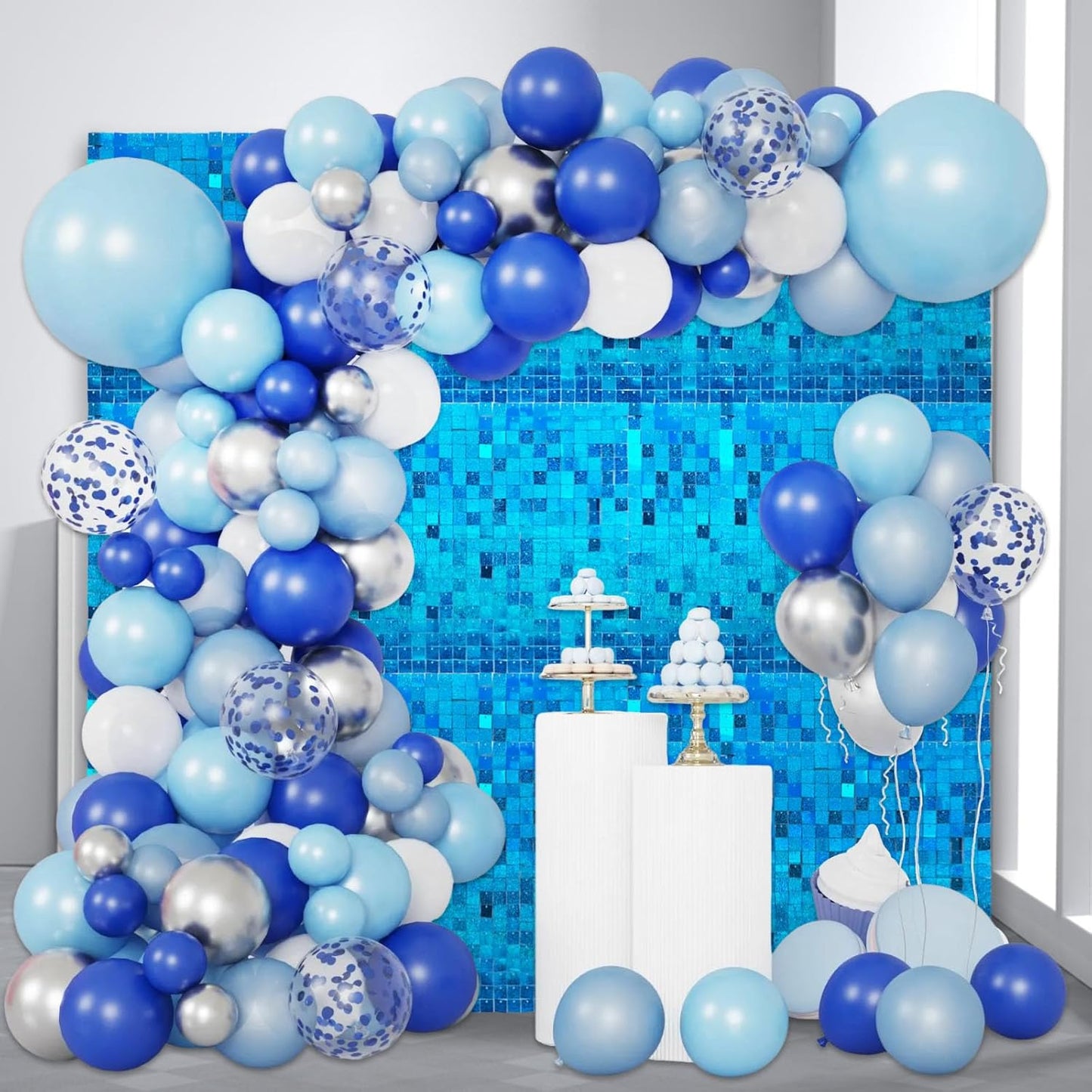 24PCS Lake Blue Shimmer Wall Backdrop, Laser Square Sequin Photo Backdrops Panel, Glitter Wall Background for Birthdays, Weddings, Christmas, Engagements, Disco Bachelorette Party Decoration (4FTx6FT)