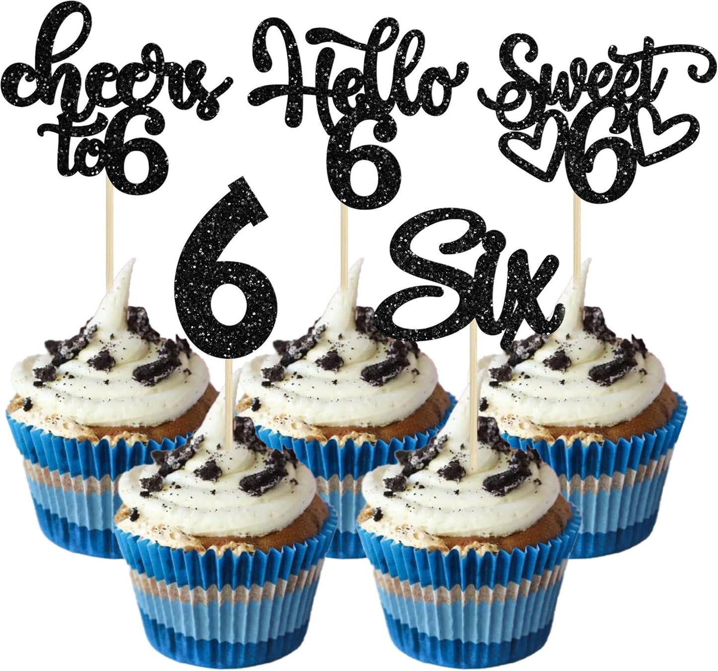 30Pcs 6th Birthday Cupcake Toppers Glitter Six Hello 6 Cupcake Picks Cheers to 6 Years Old Cake Decorations for 6th Birthday Party Supplies Black