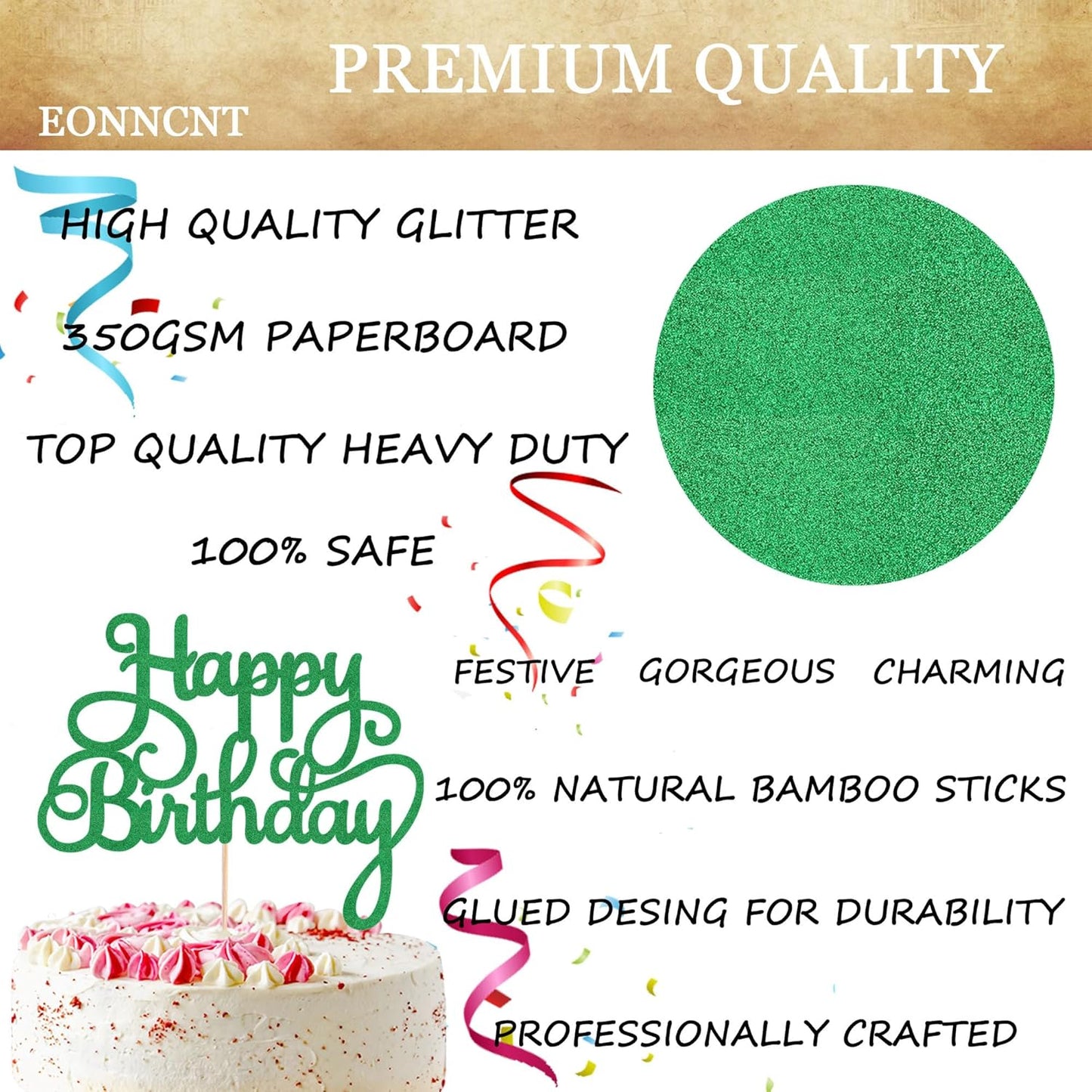 Happy Birthday Cake Topper - Green Glitter Birthday Party Cake Decoration Supplies - Happy Birthday Cake Decor, for Anniversary/Birthday Party Supplies Photo Booth Props