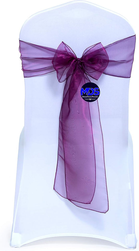 MDS Pack of 200 PCS Organza Chair Sashes Wider Dining Chair Bows Ribbon Tie Back for Wedding Party Birthday Bridal Shower Reception Event Banquet Home Chair Cover Decoration - Eggplant