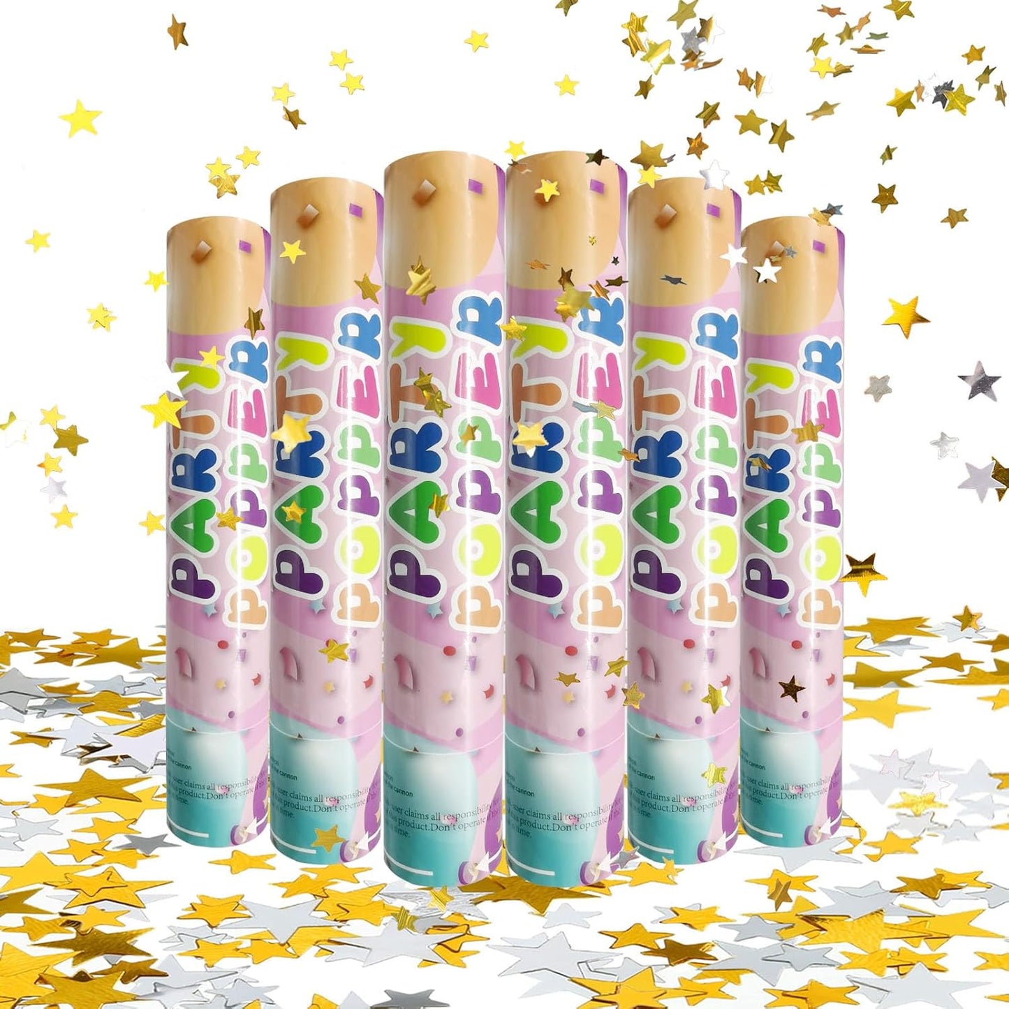 6 Pack Gold Silver Star Confetti Poppers, 12 Inch Confetti Cannon Party Poppers Shooters for Birthday, Wedding, Graduation, Anniversary, Parties, Christmas, New Year's Eve