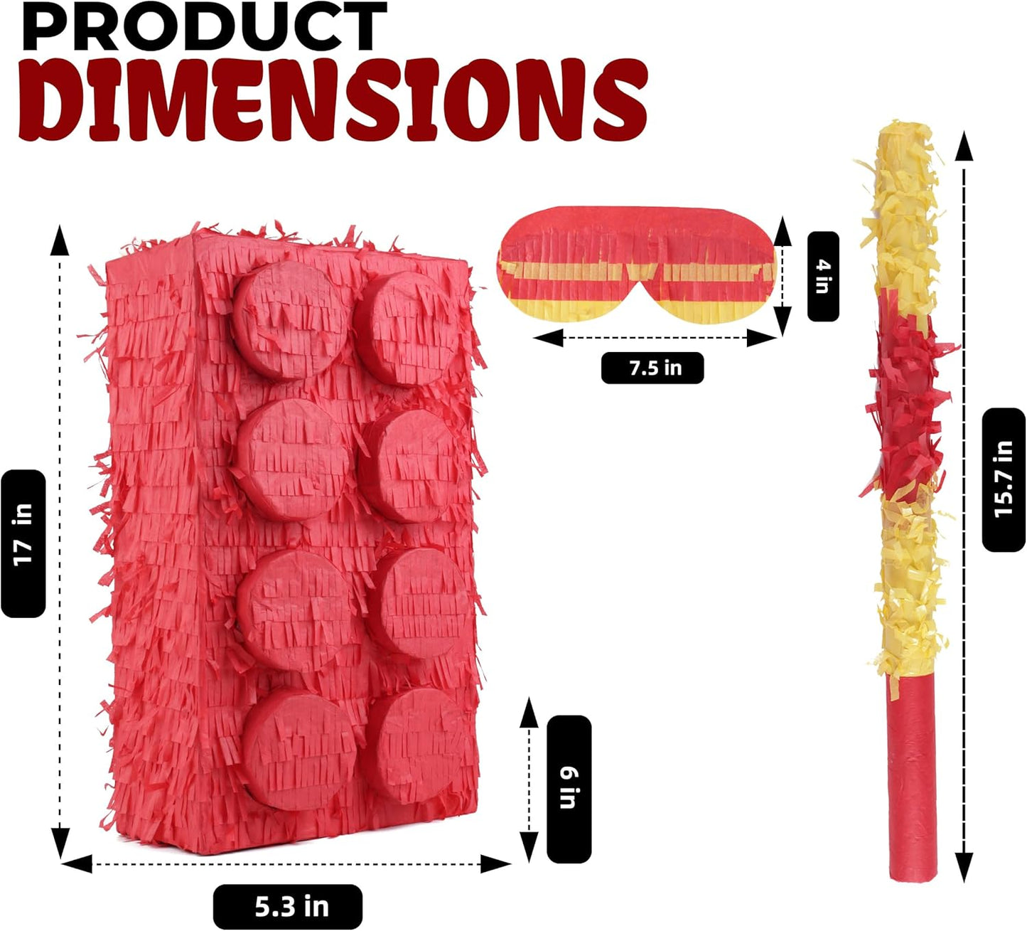 Block Pinata Bundle with a Blindfold and Bat(17 x 11 x 4 Inches), Perfect for Birthday Party Supplies, Building Blocks Theme Birthday, Decoration