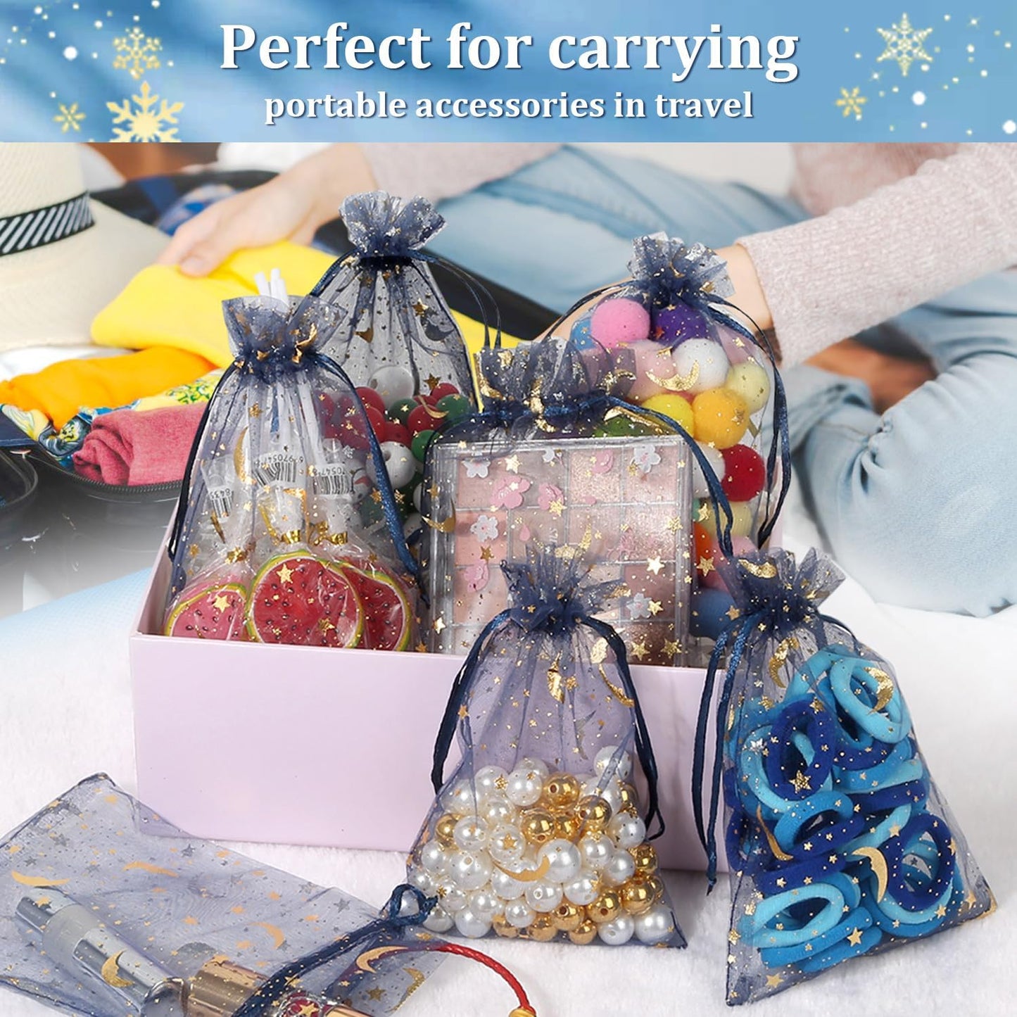 100 Pieces Moon Star Organza Bags, 4x6 Inch Random Color Organza Pouch Small Gift Bags with Drawstring for Christmas Party Favors Wedding Valentine's Day Ramadan Eid and Eid Al Adha Goodie Bags